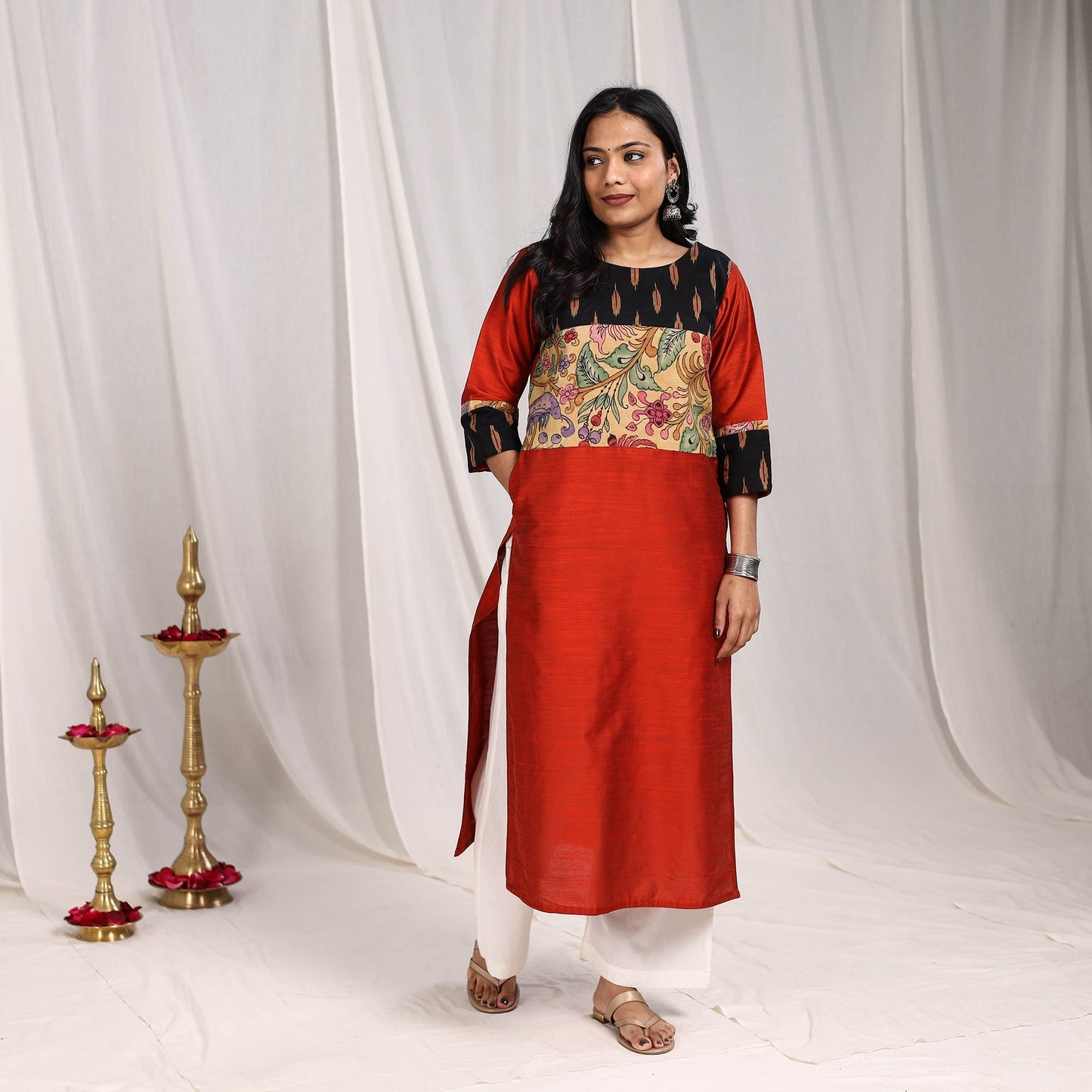 Maroon Eshika Slub Silk Straight Plain Kurta with Patchwork for Women