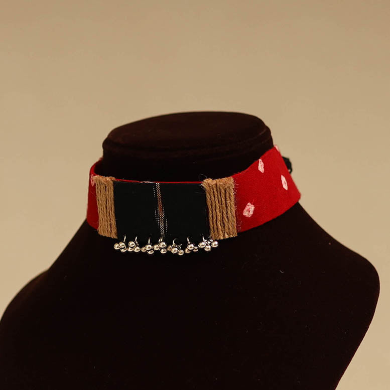 Red - fabart jute choker necklace set with ghungroo work 14