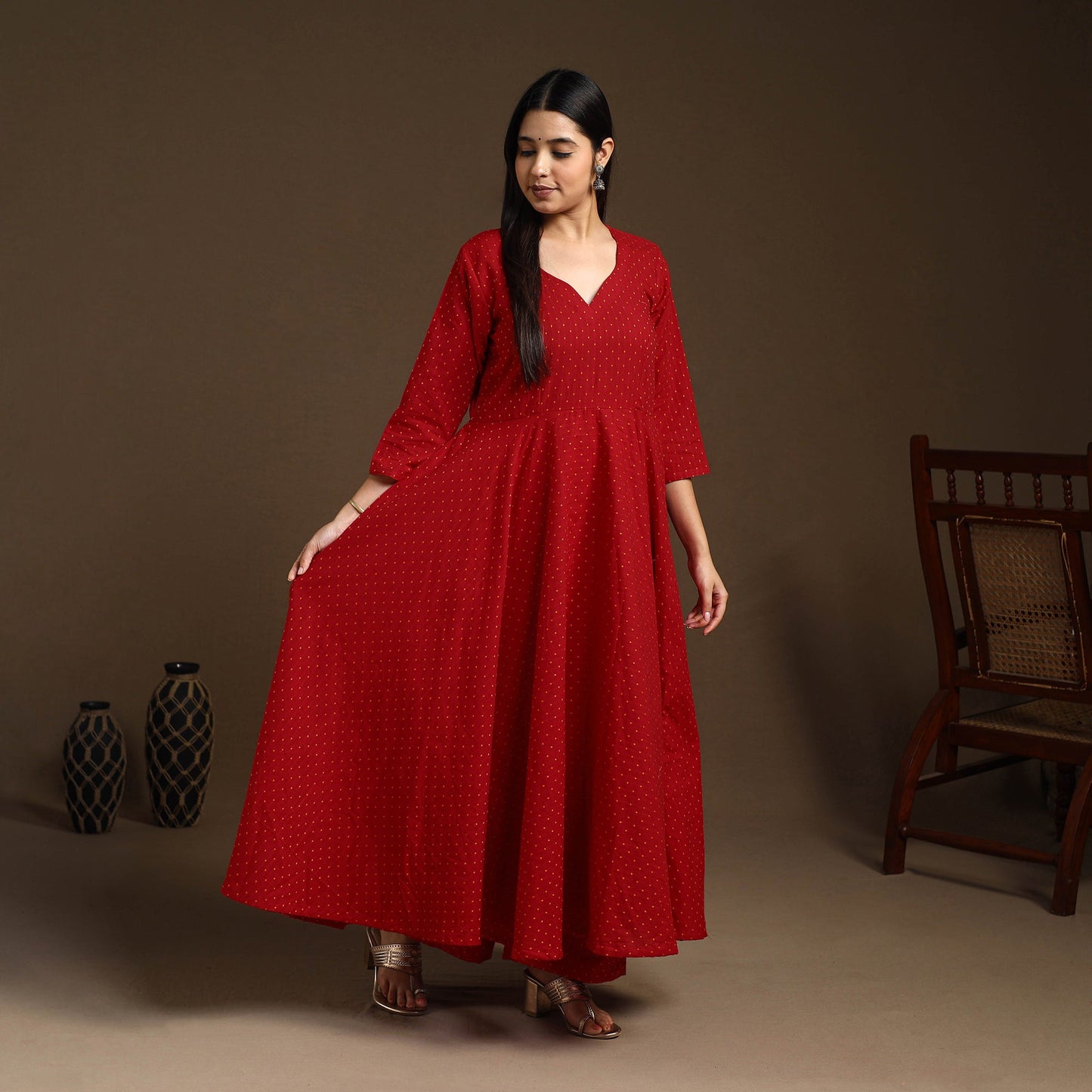 Buy Red Flared Cotton Jacquard Kurta with Palazzo Set