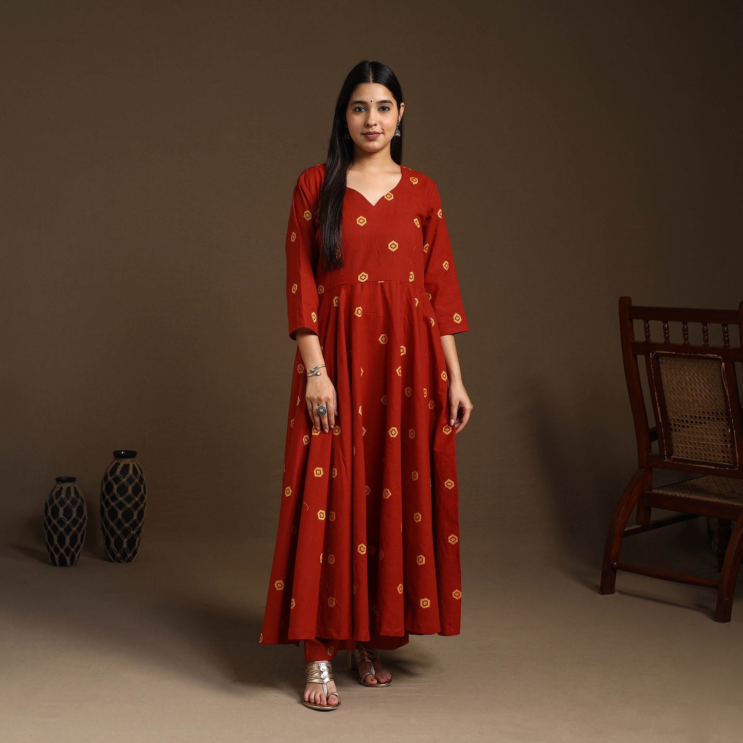 Red Flared Cotton Jacquard Kurta with Palazzo Set