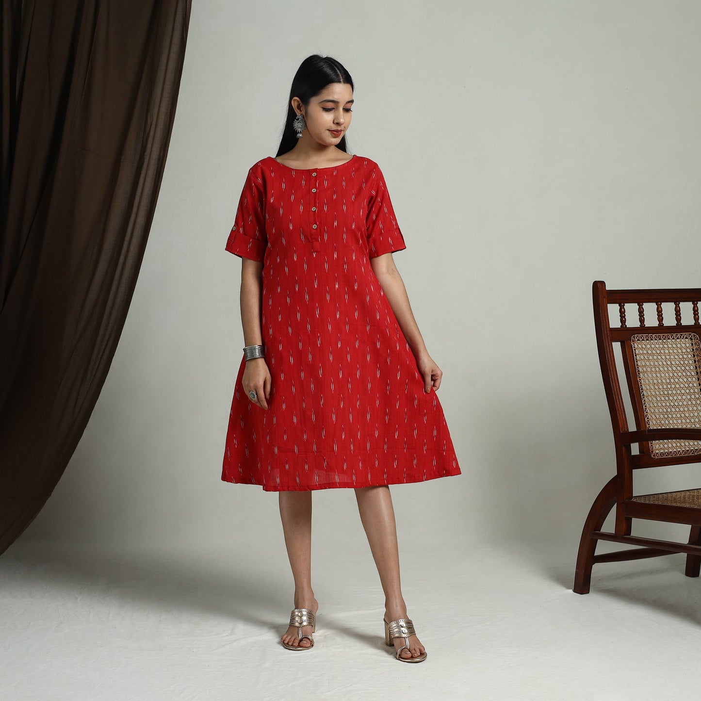 Red Flared Cotton Short Pochampally Ikat Dress