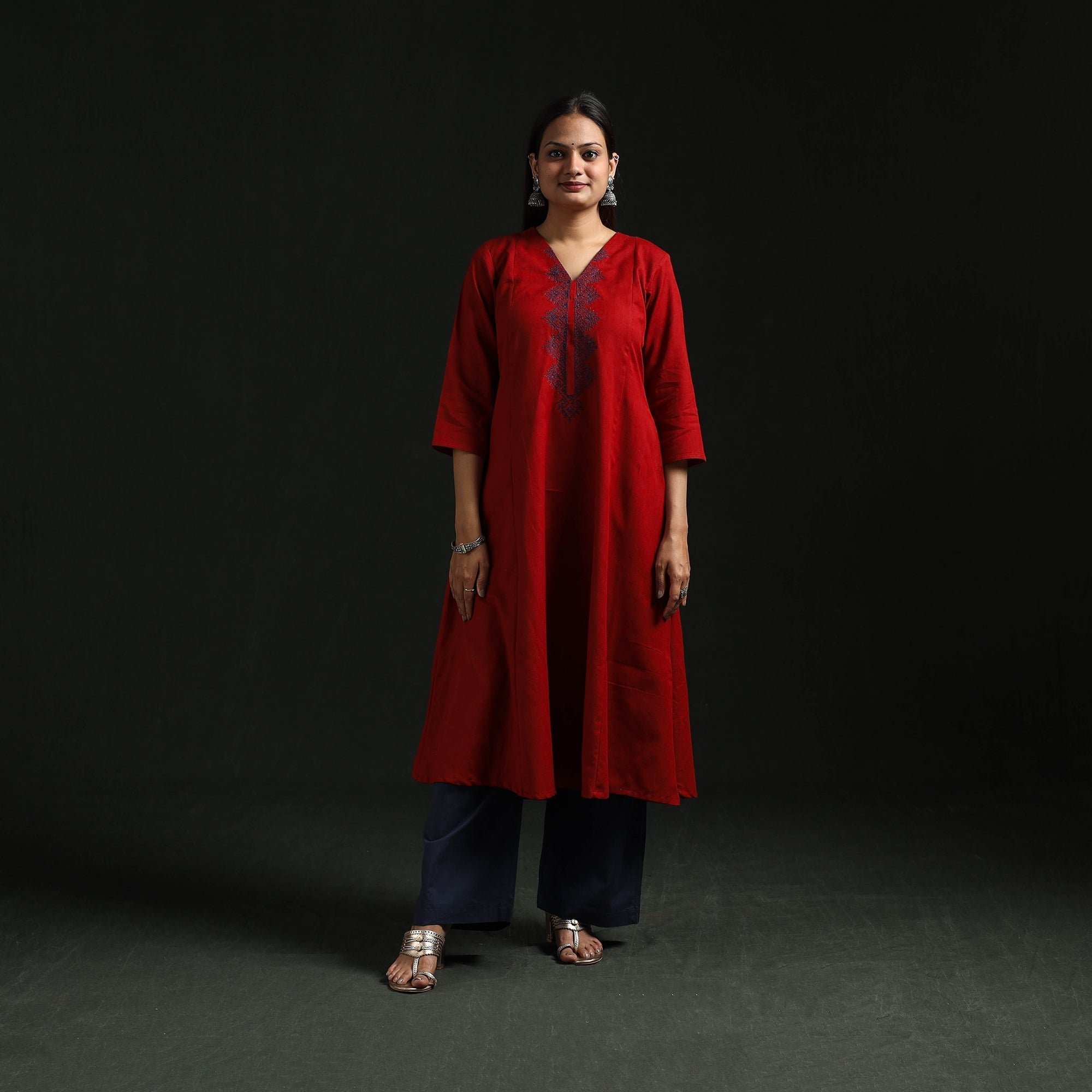 Red - Flex Cotton Plain Hand Embroidered A-Line Long Kurta for women 12