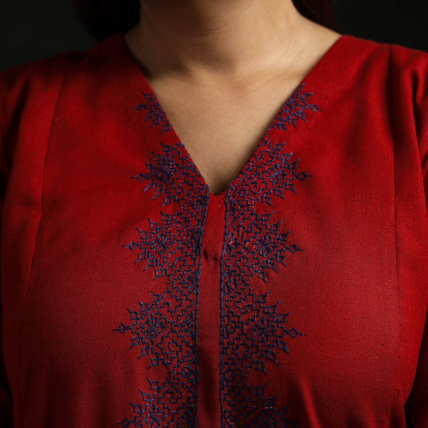 Red - flex cotton plain hand embroidered a-line kurta