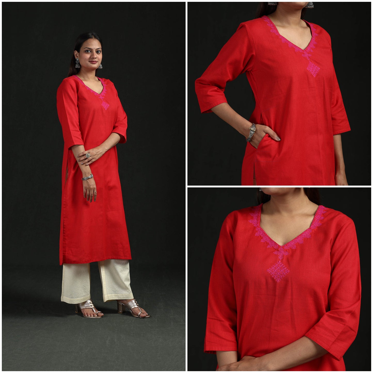 Flex cotton plain hand embroidered straight kurta for women