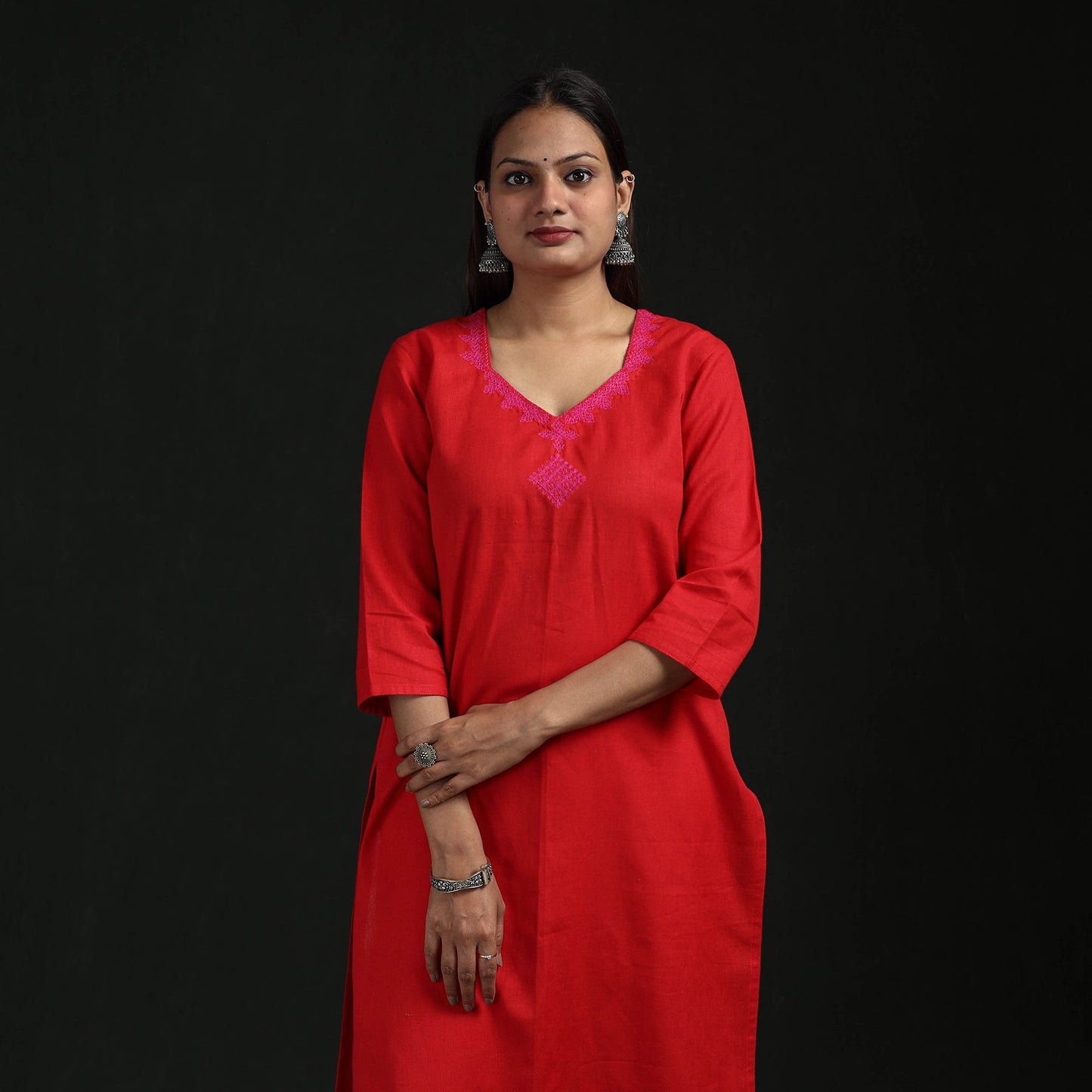 Flex cotton plain hand embroidered straight kurta for women