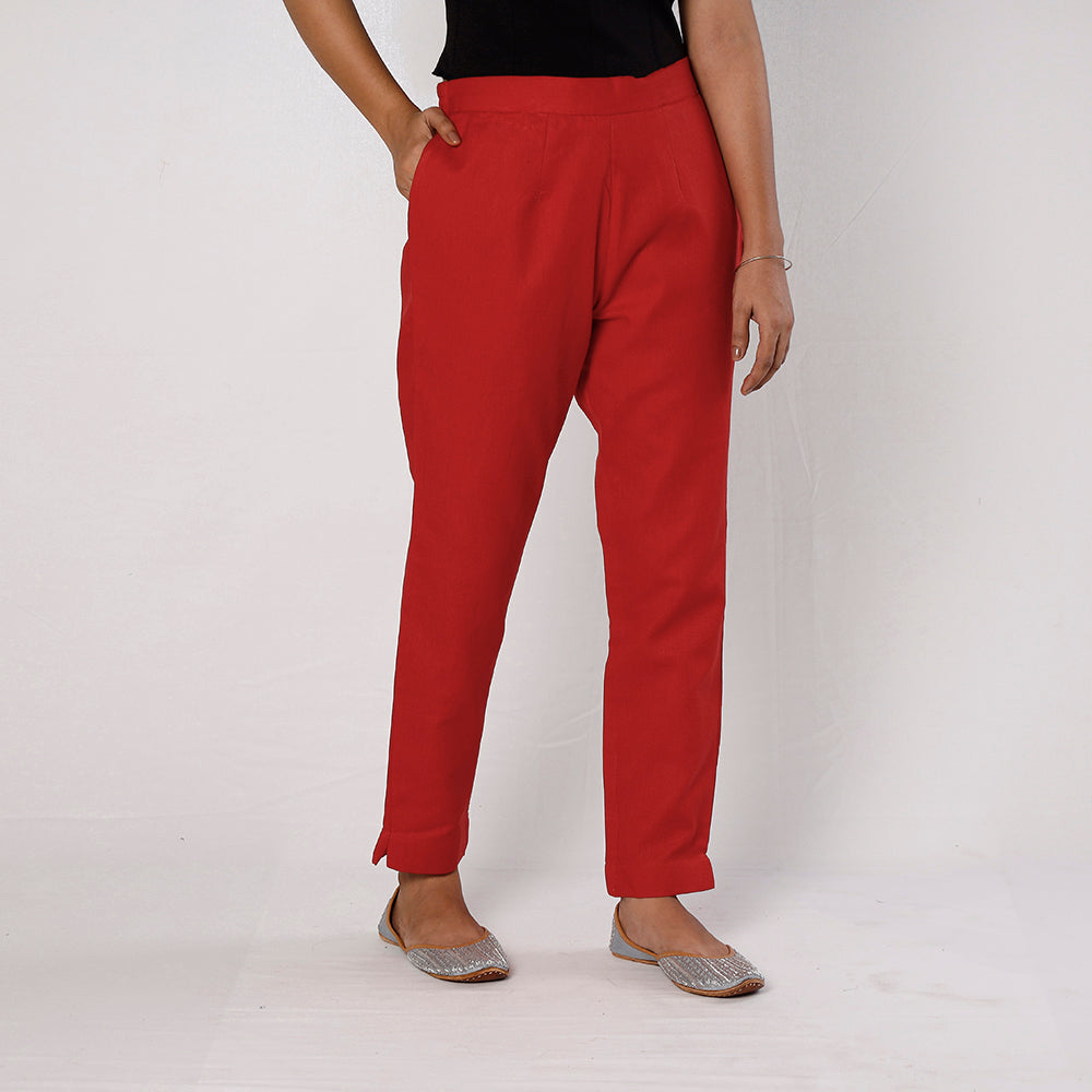 Red Flex Cotton Tapered Casual Pant for Women