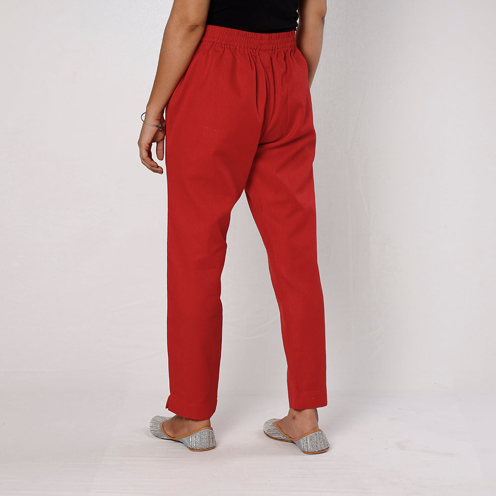 Red Flex Cotton Tapered Casual Pant for Women