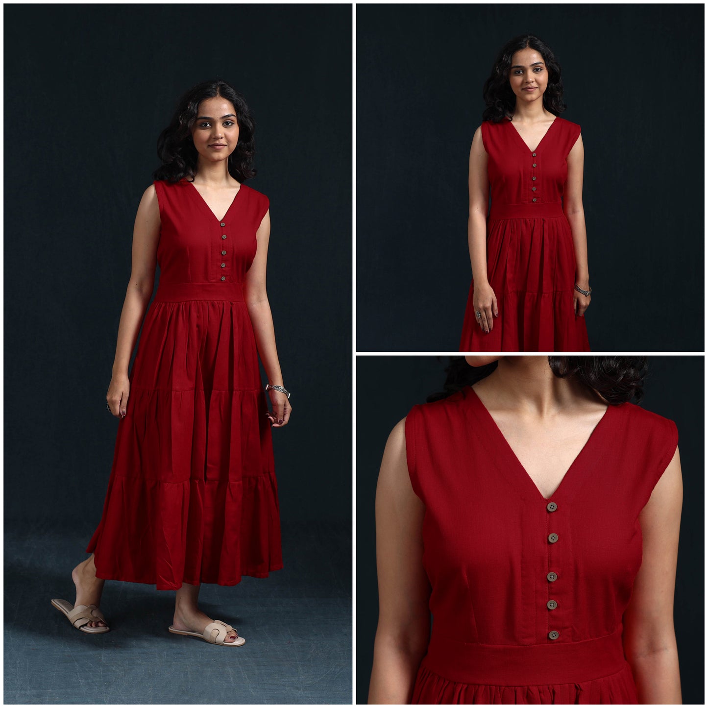 Red - Flex Cotton Tiered Plain Dress 15