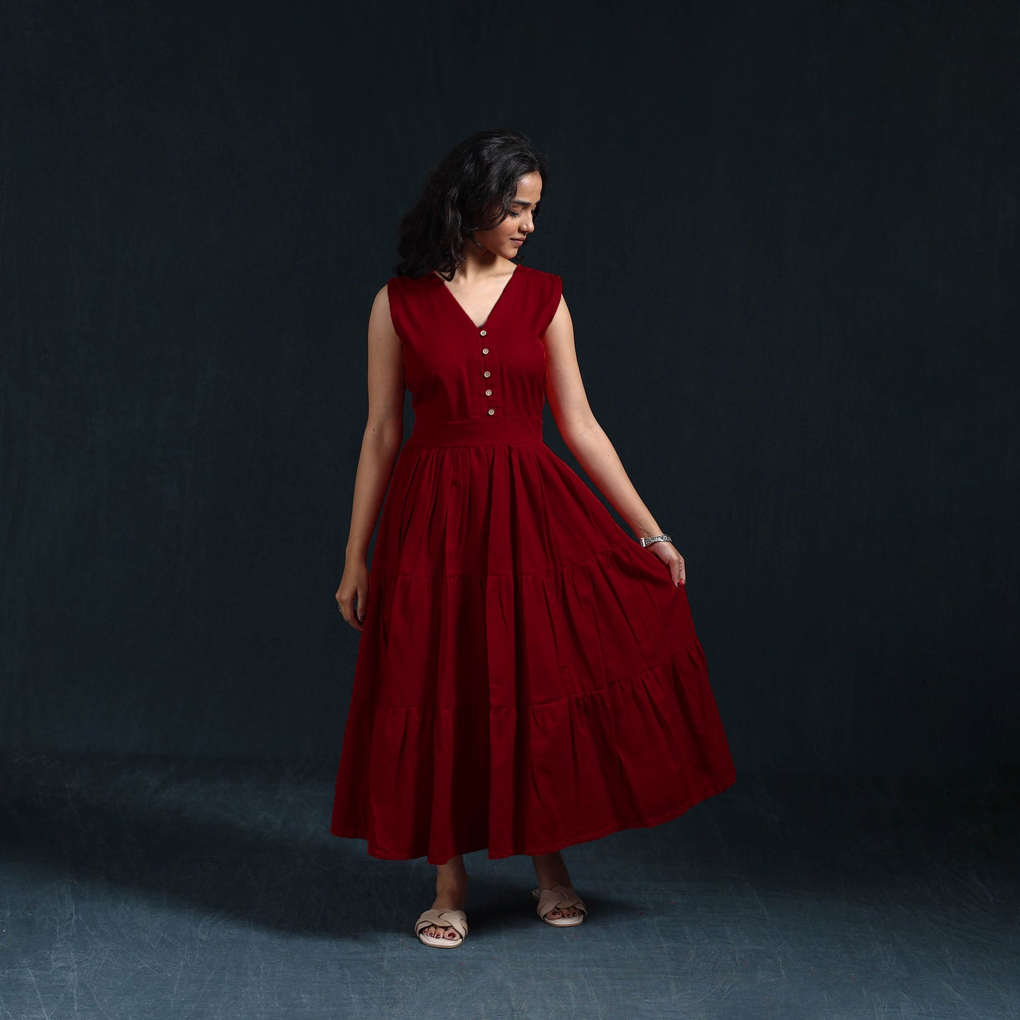 Red - Flex Cotton Tiered Plain Dress 15
