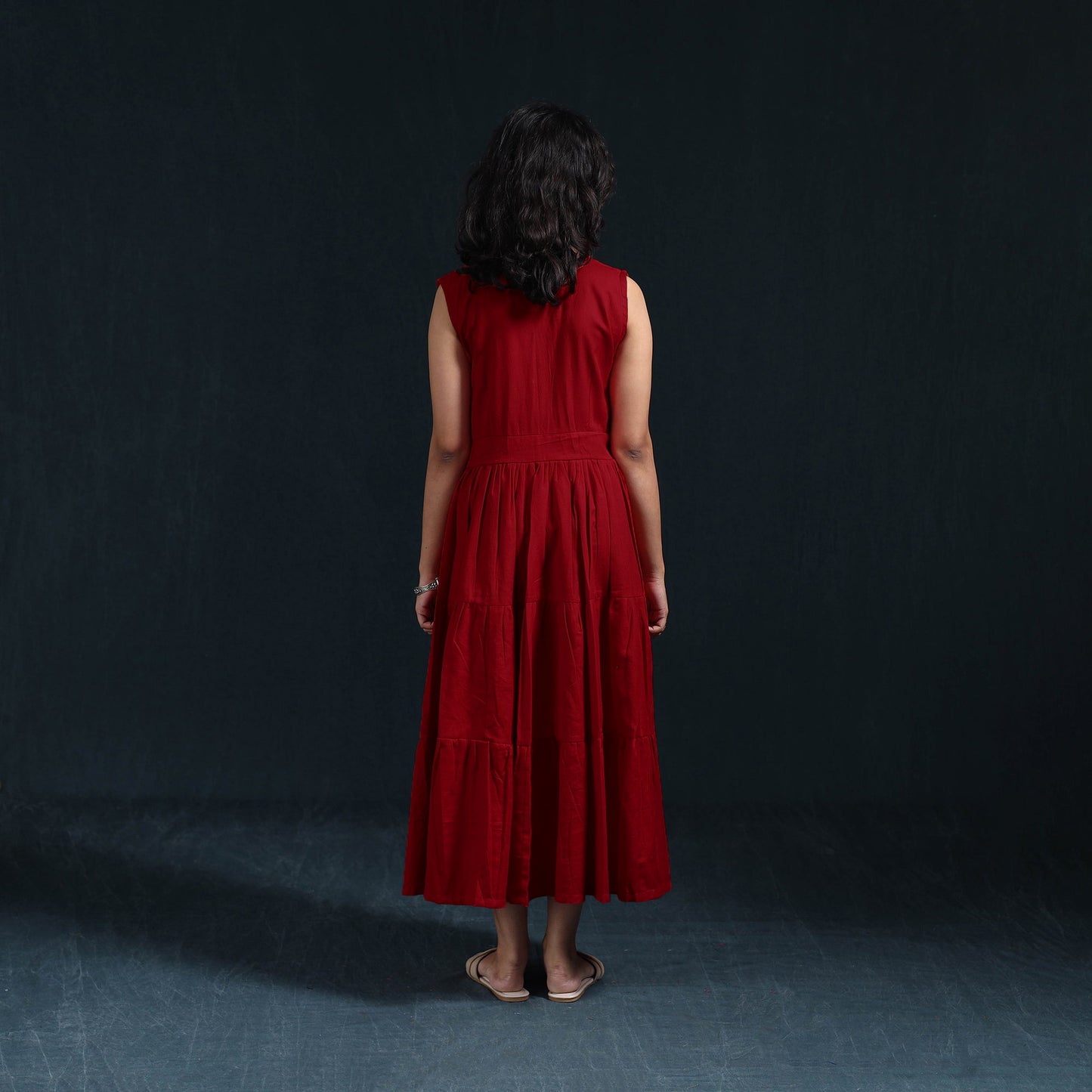 Red - Flex Cotton Tiered Plain Dress 15