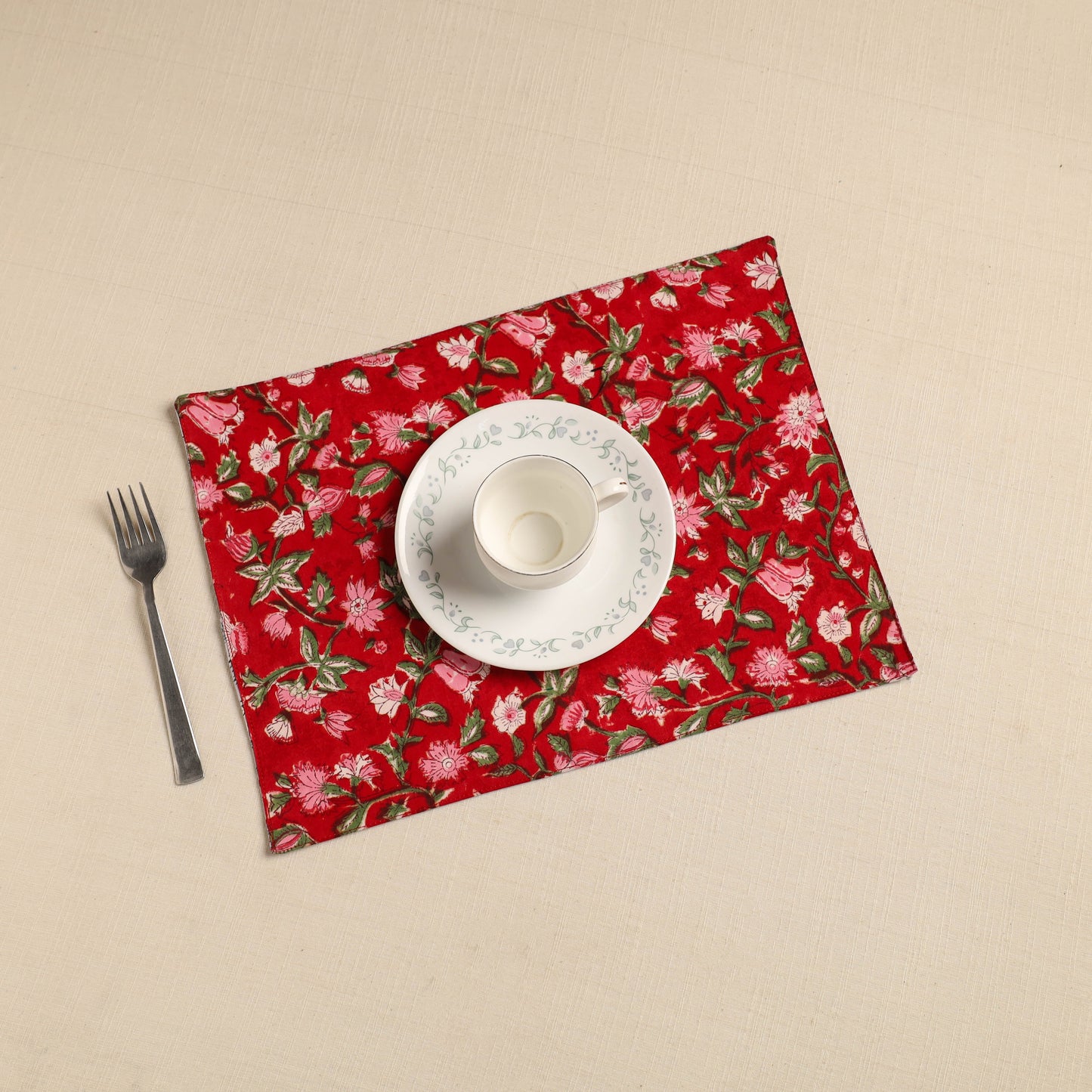 Red Floral Print Cotton Reversible Table Mat