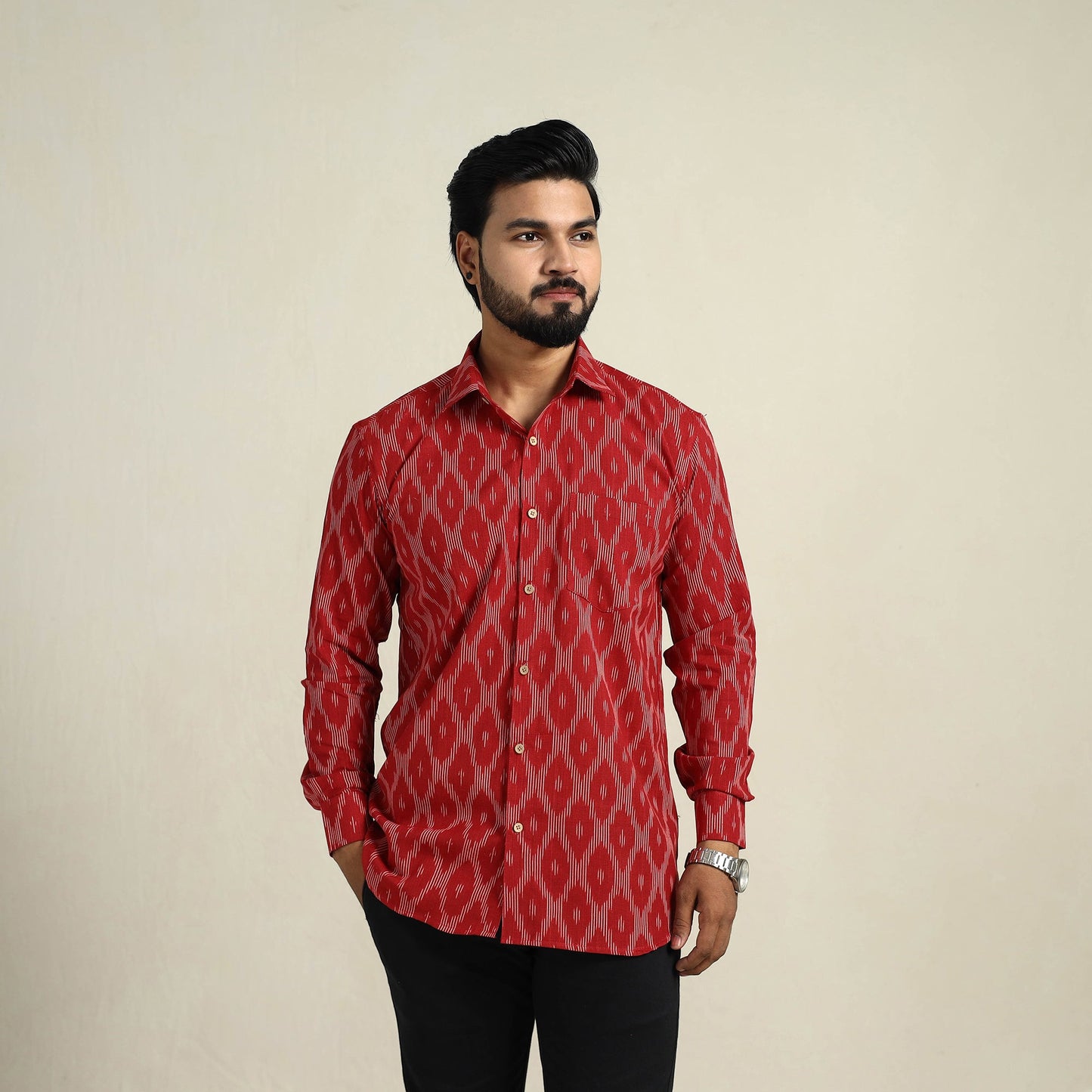 Buy Red Full Sleeve Men Cotton Pochampally Ikat Shirt