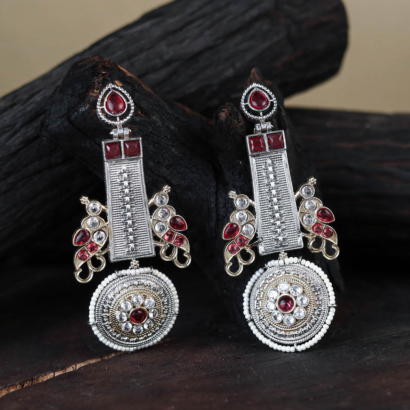 White German Silver-Plated Ethnic Drop Earrings