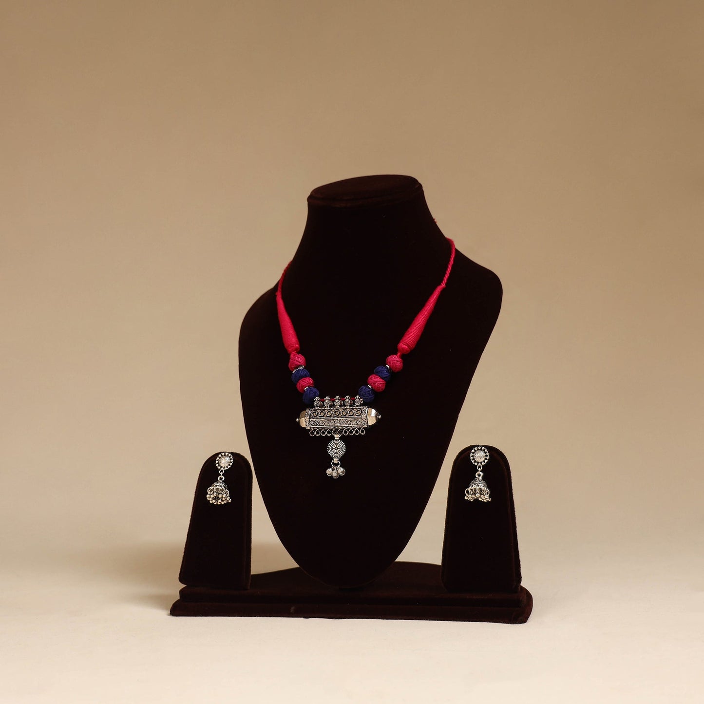 Red - german silver thread beads necklace set 15