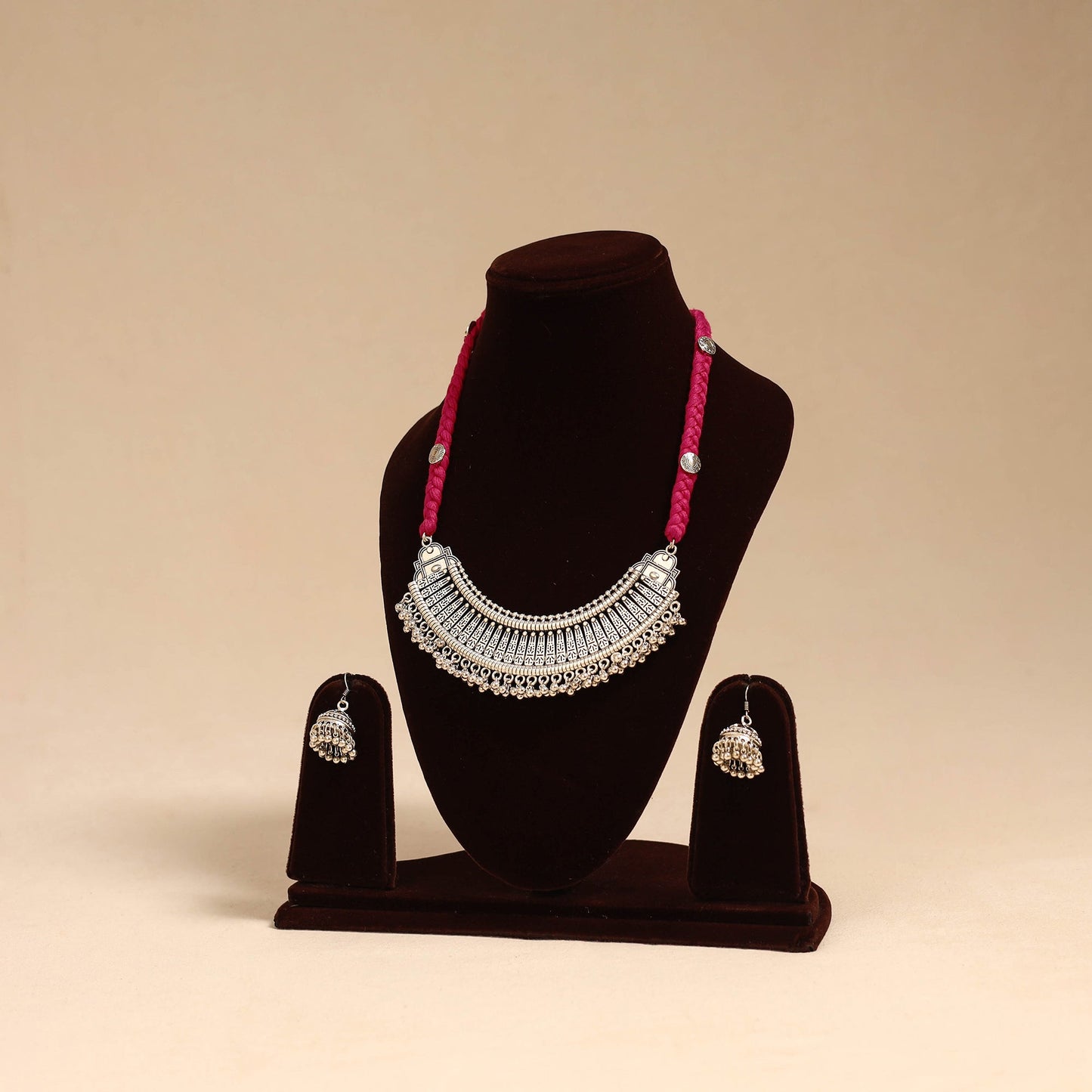 Red - german silver thread braided necklace set 06