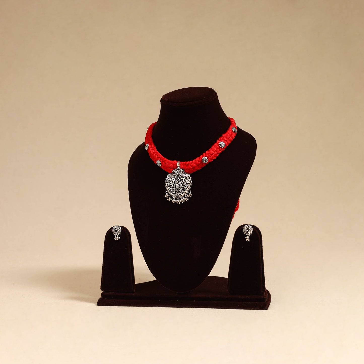 Red - german silver thread braided necklace set 34