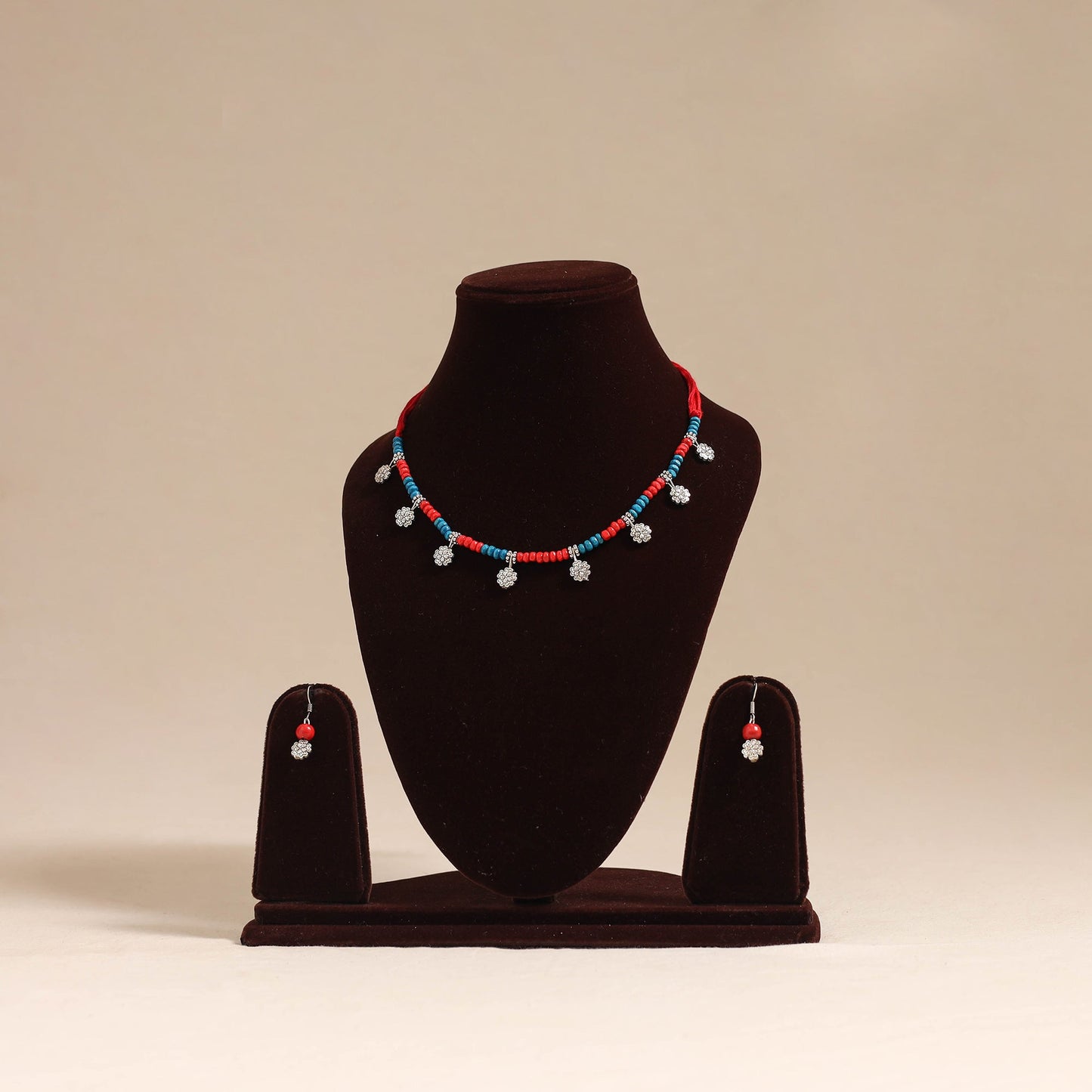 Red - german silver wooden beads necklace set 02