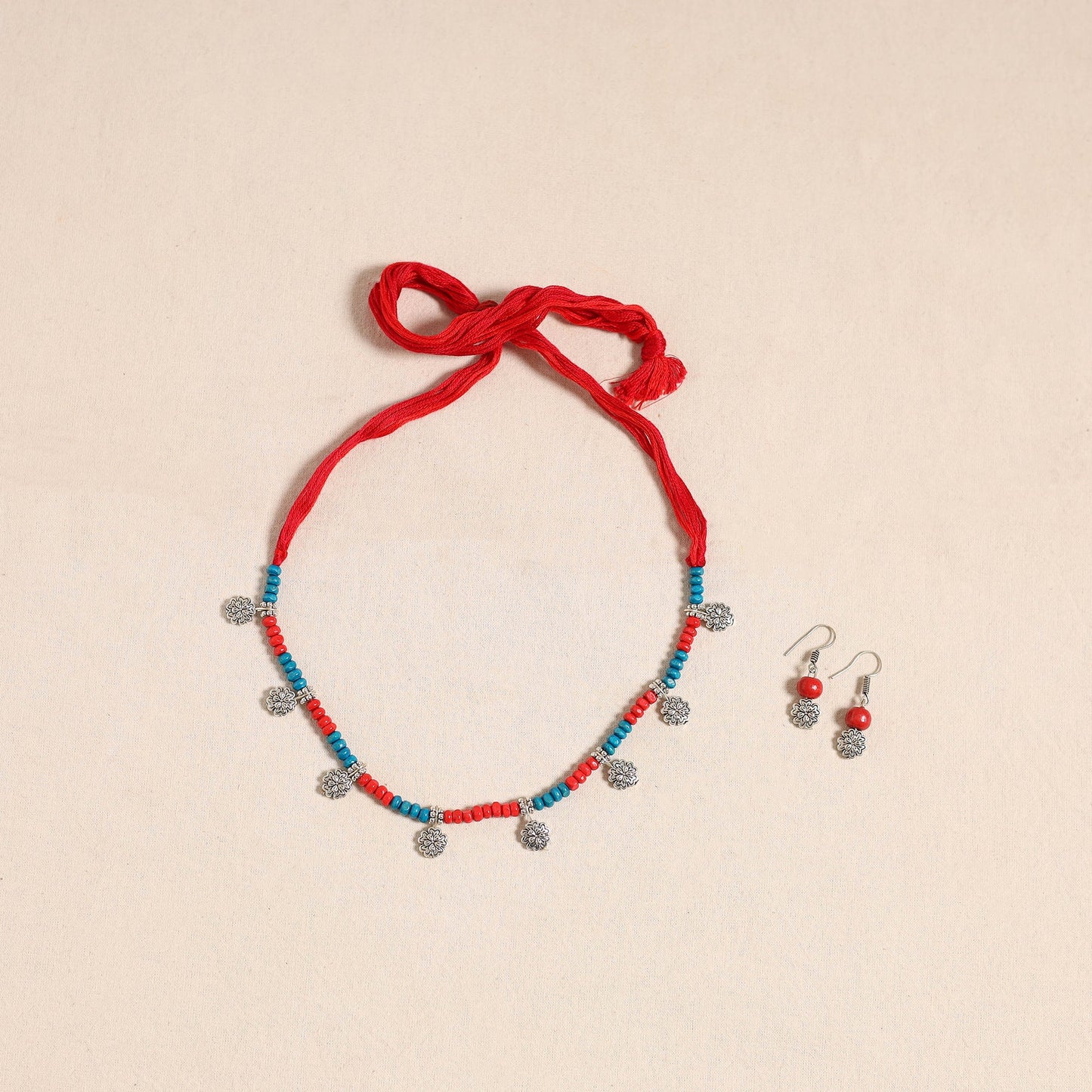 Red - german silver wooden beads necklace set 02