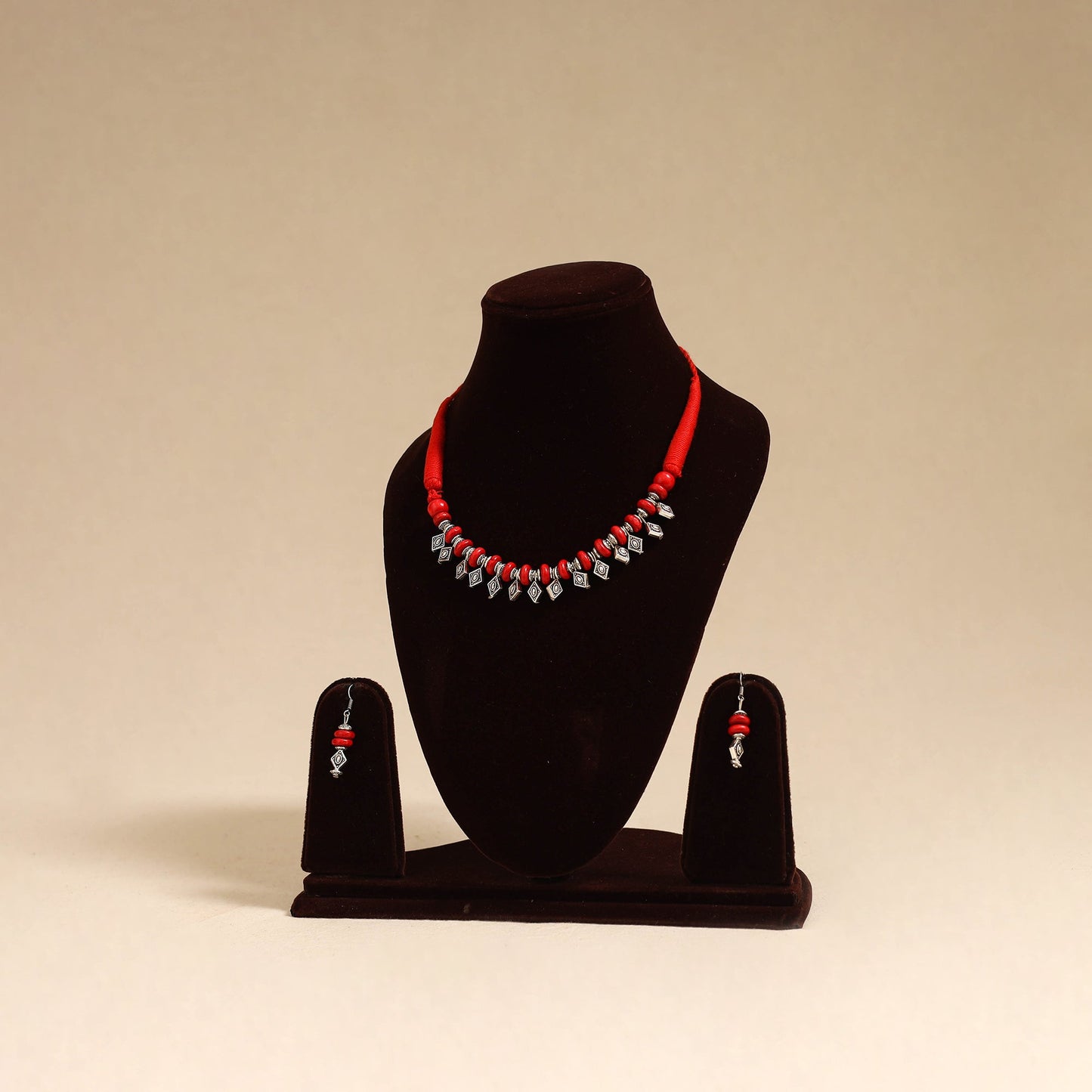 Red - german silver wooden beads necklace set 02