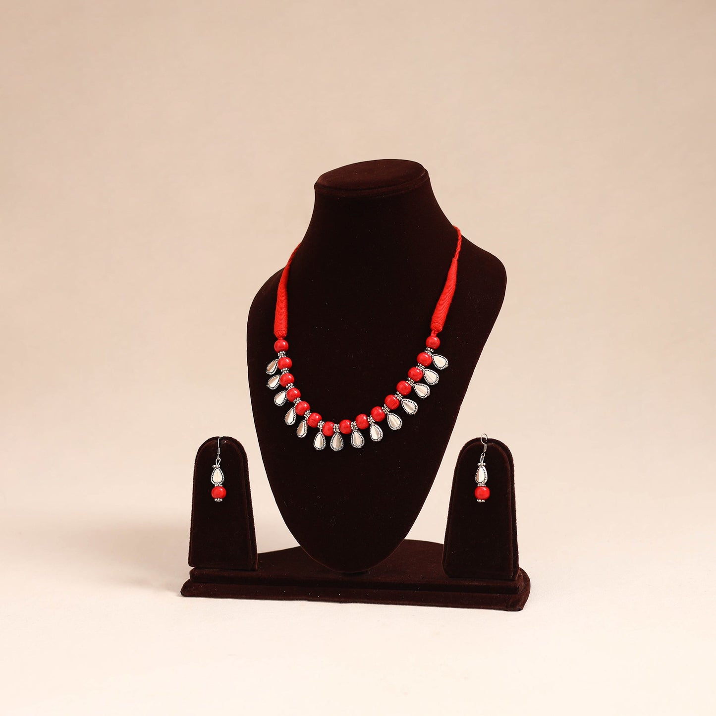 Red - german silver wooden beads necklace set 43