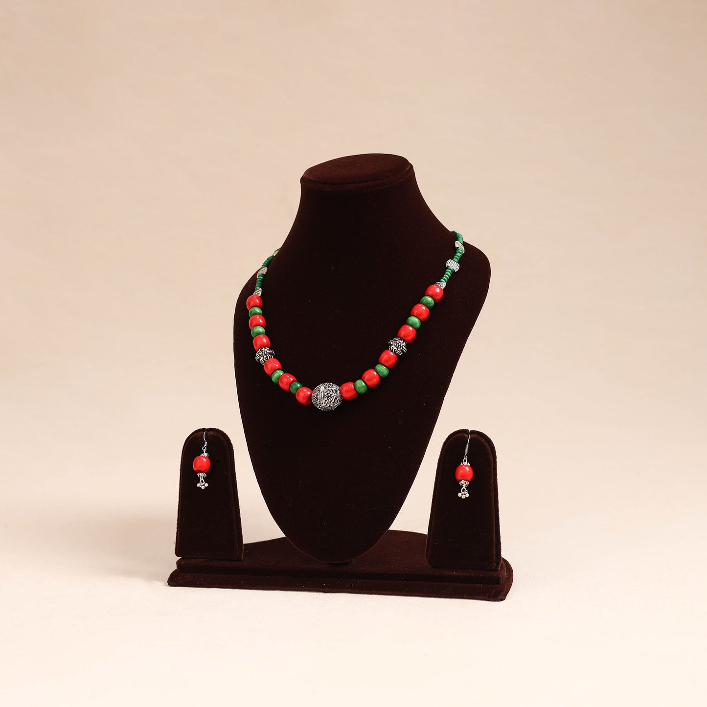 Red - german silver wooden beads necklace set 84