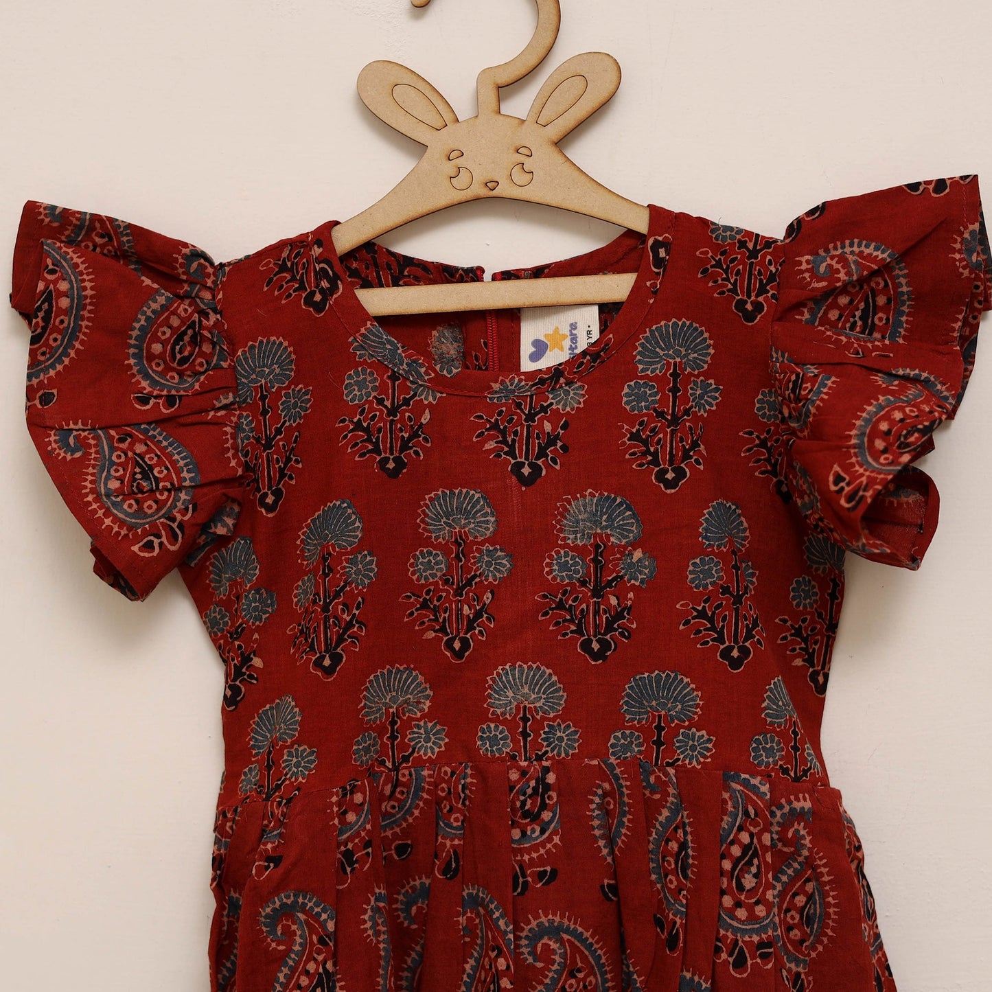 Red - girls pure cotton ajrakh hand block print frock dress