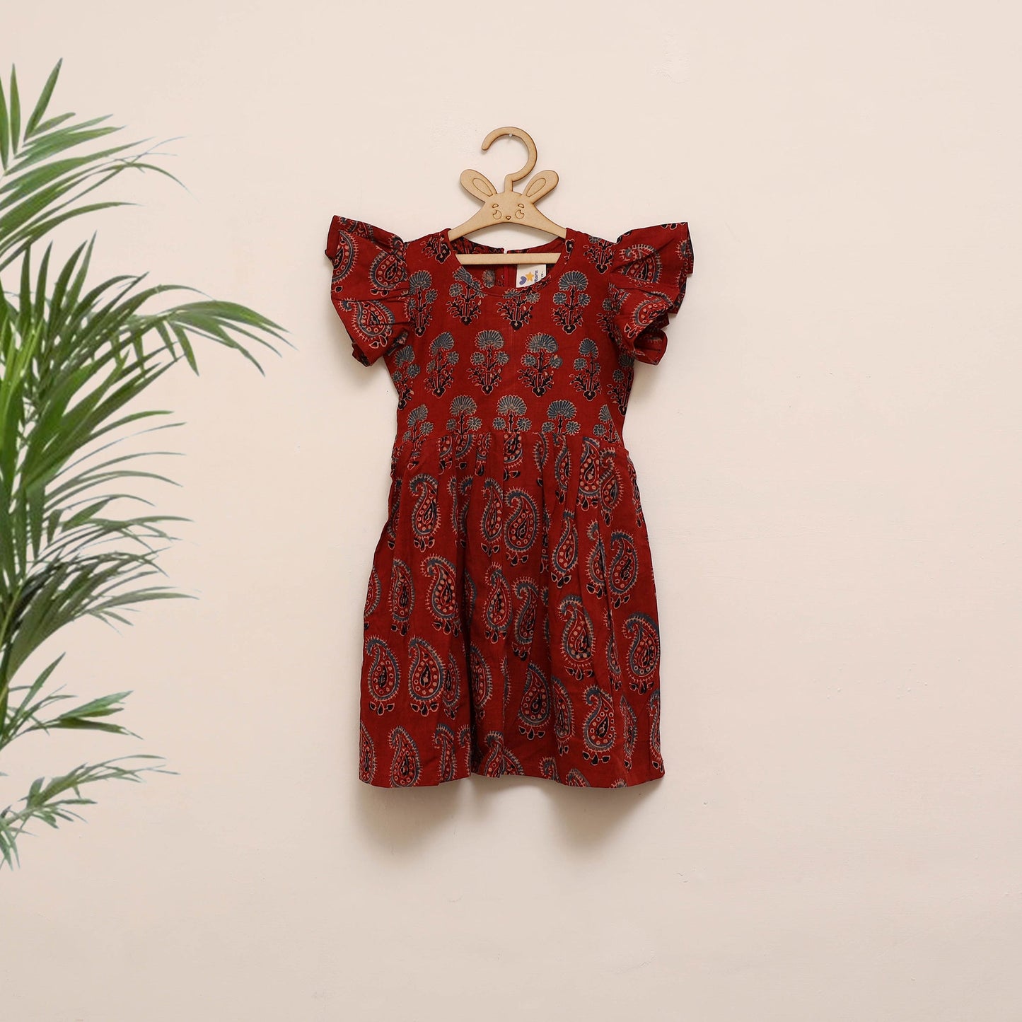 Red - girls pure cotton ajrakh hand block print frock dress