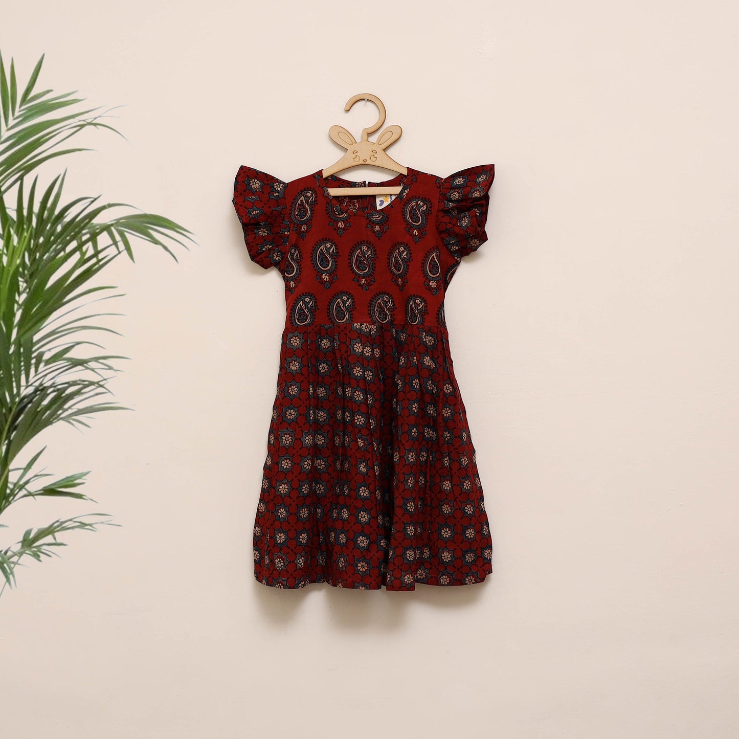 Red - girls pure cotton ajrakh hand block print frock dress