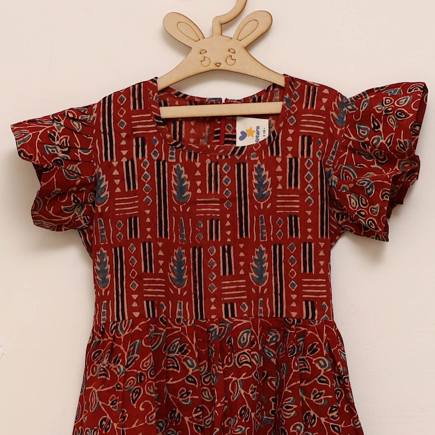 Red - girls pure cotton ajrakh hand block print frock dress