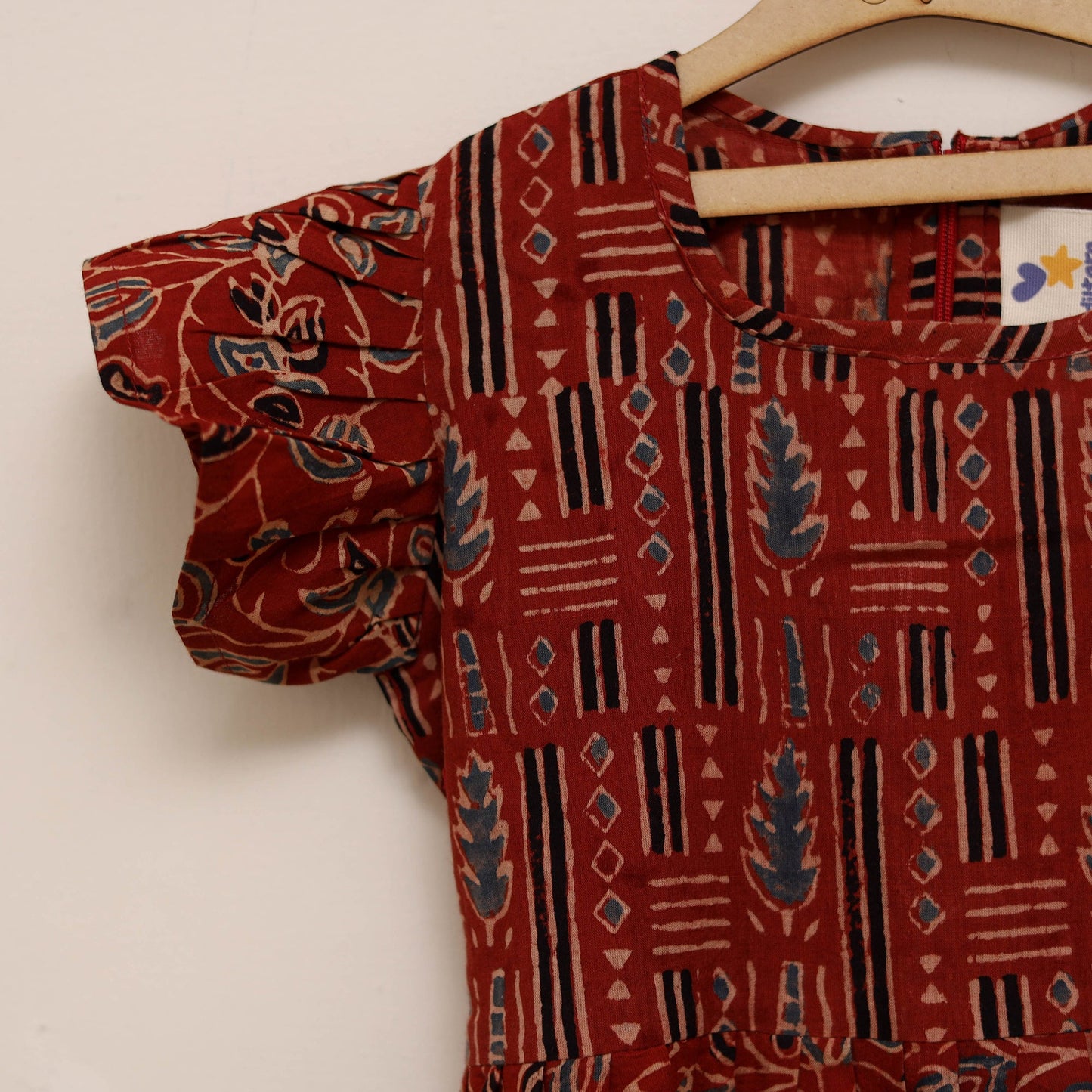 Red - girls pure cotton ajrakh hand block print frock dress