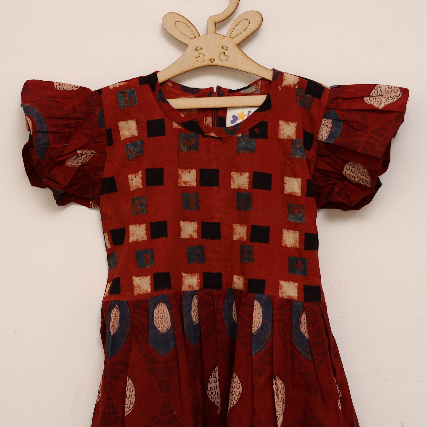 Red - girls pure cotton ajrakh hand block print frock dress