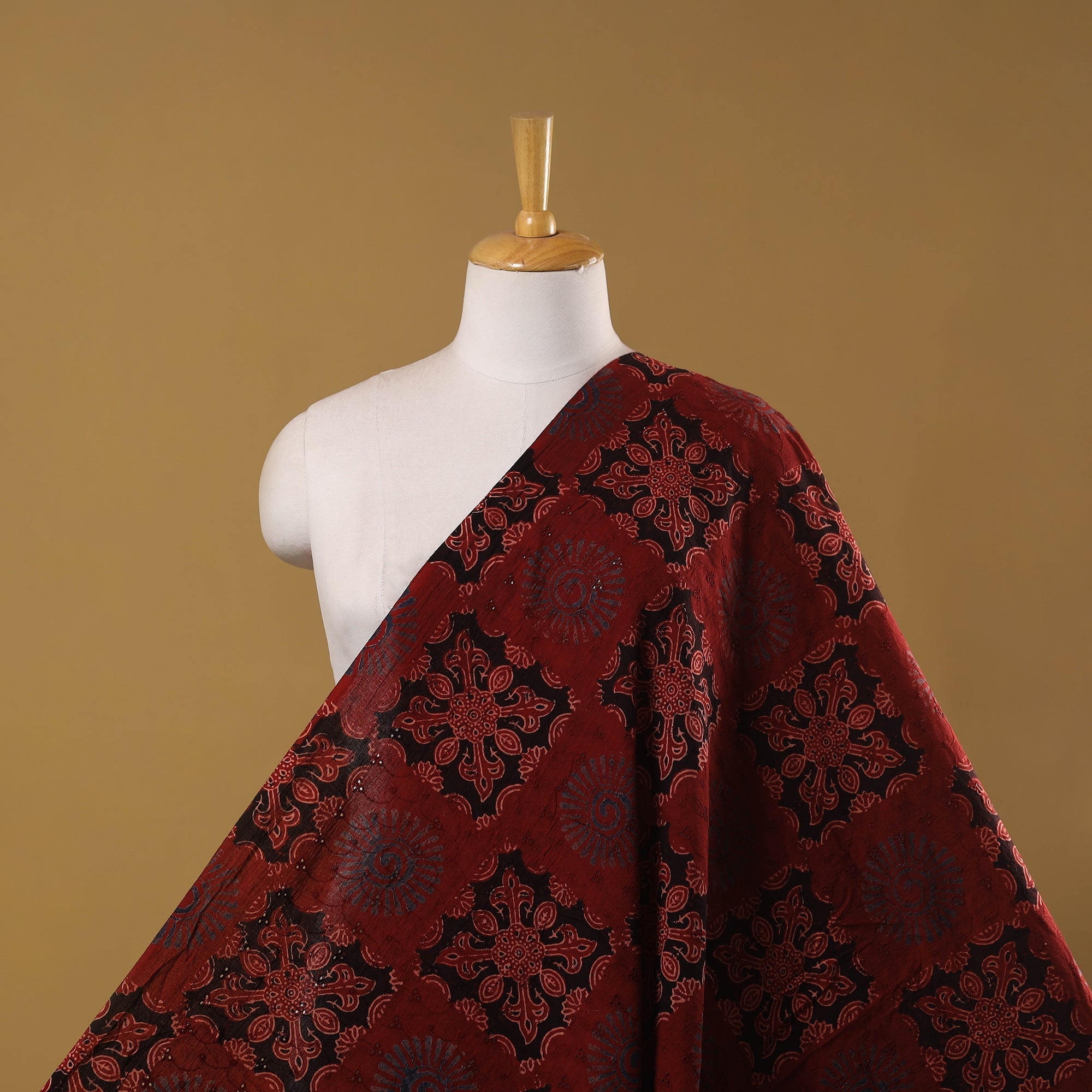 Beige - Hakoba Natural Dyed Cotton Ajrakh Hand Block Print Fabric 12