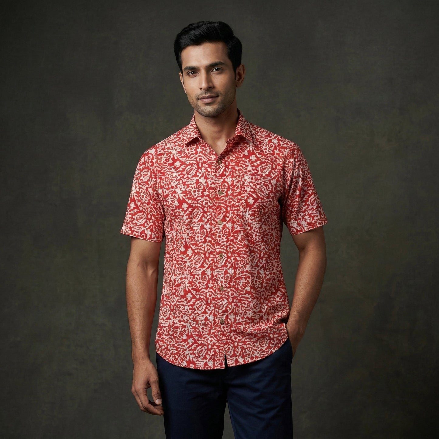 Half sleeve cotton men hand block batik print shirt 08