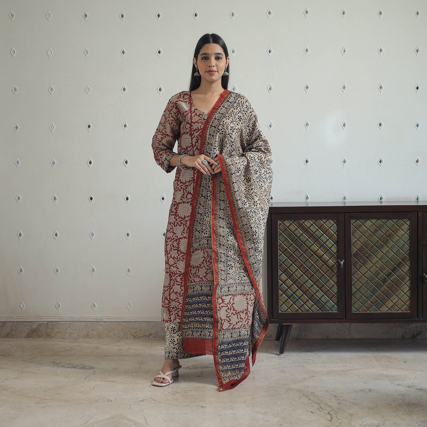 Red - hand bagru chanderi silk kurta set 10 - handcrafted