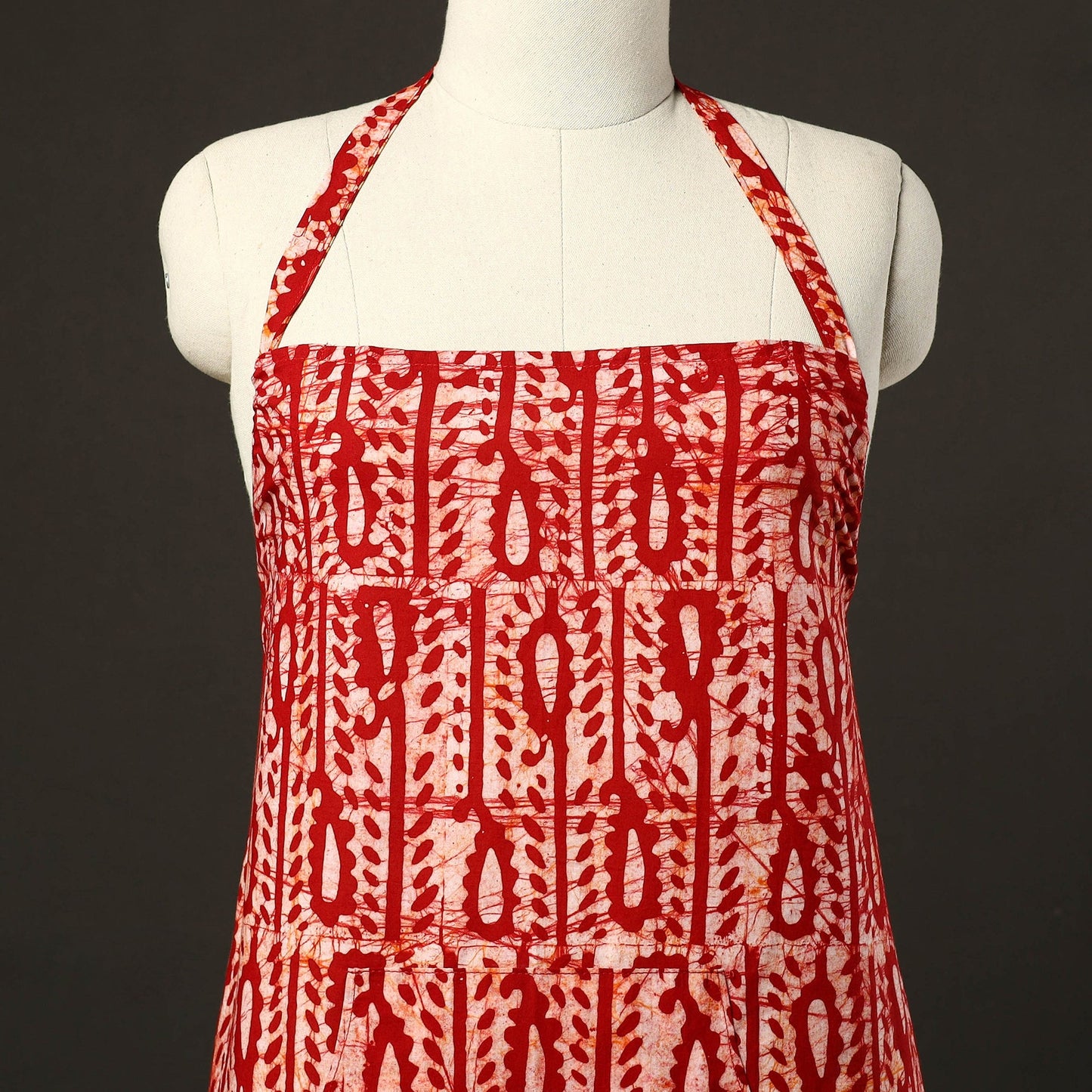 Red Hand Batik Print Cotton Apron with Pocket