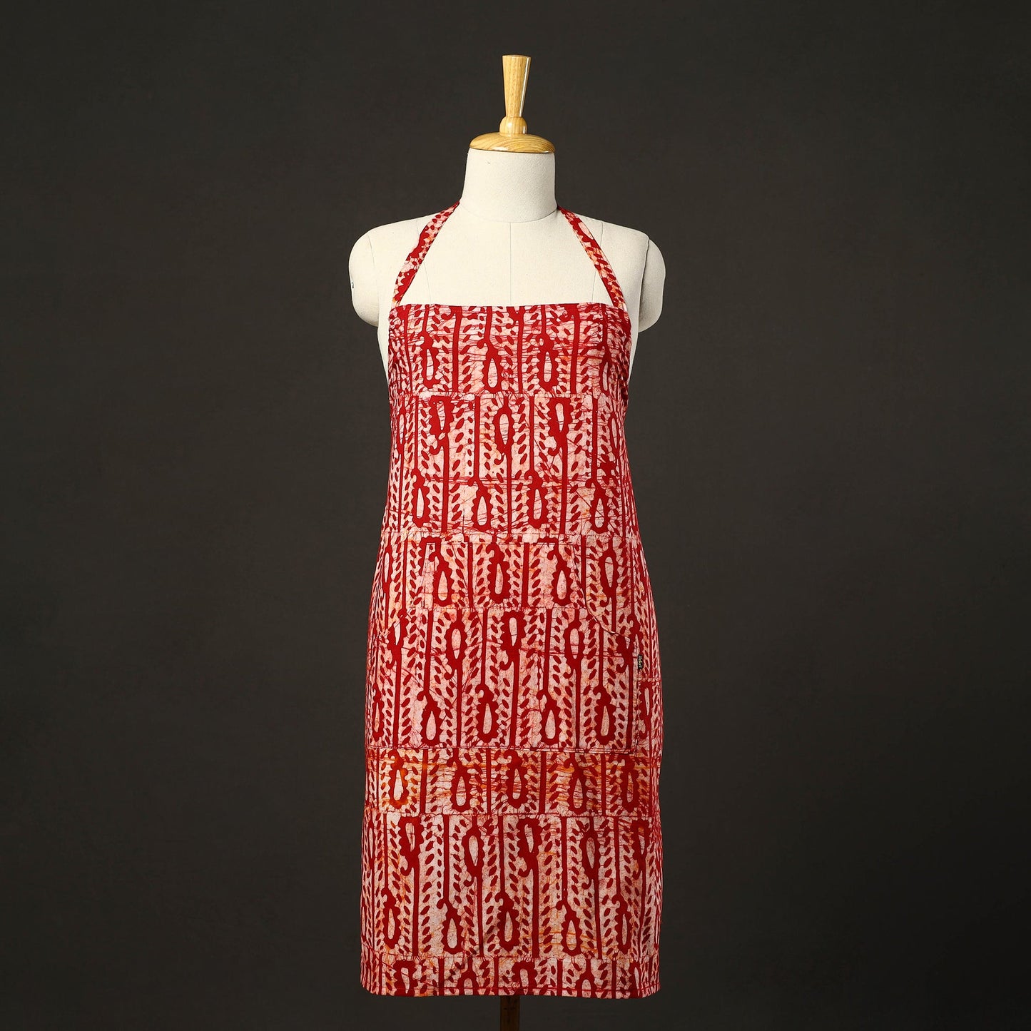 Red Hand Batik Print Cotton Apron with Pocket