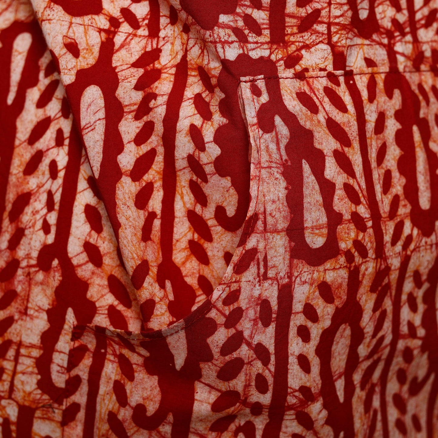 Red Hand Batik Print Cotton Apron with Pocket