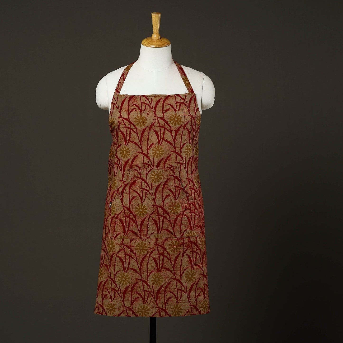 Red Hand Batik Print Cotton Apron with Pocket