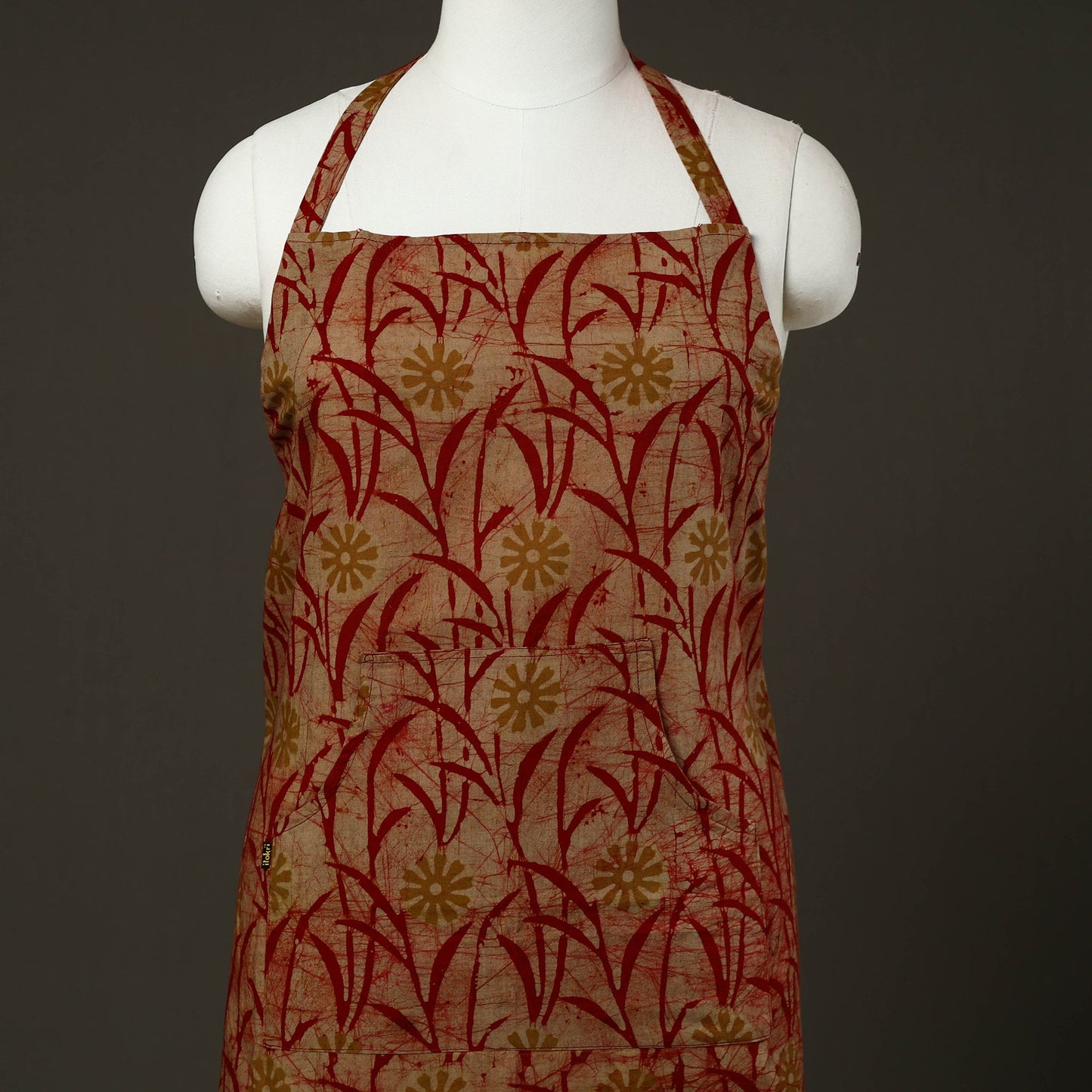 Red Hand Batik Print Cotton Apron with Pocket