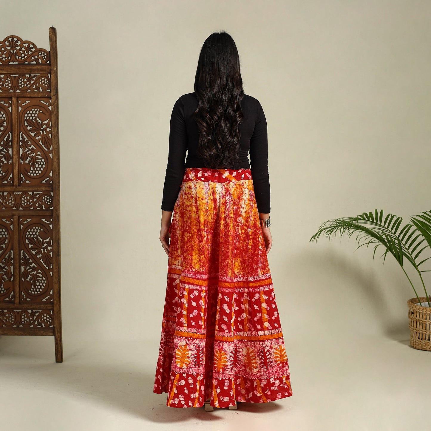 Red Hand Batik Print Running Stitch Cotton Long Skirt