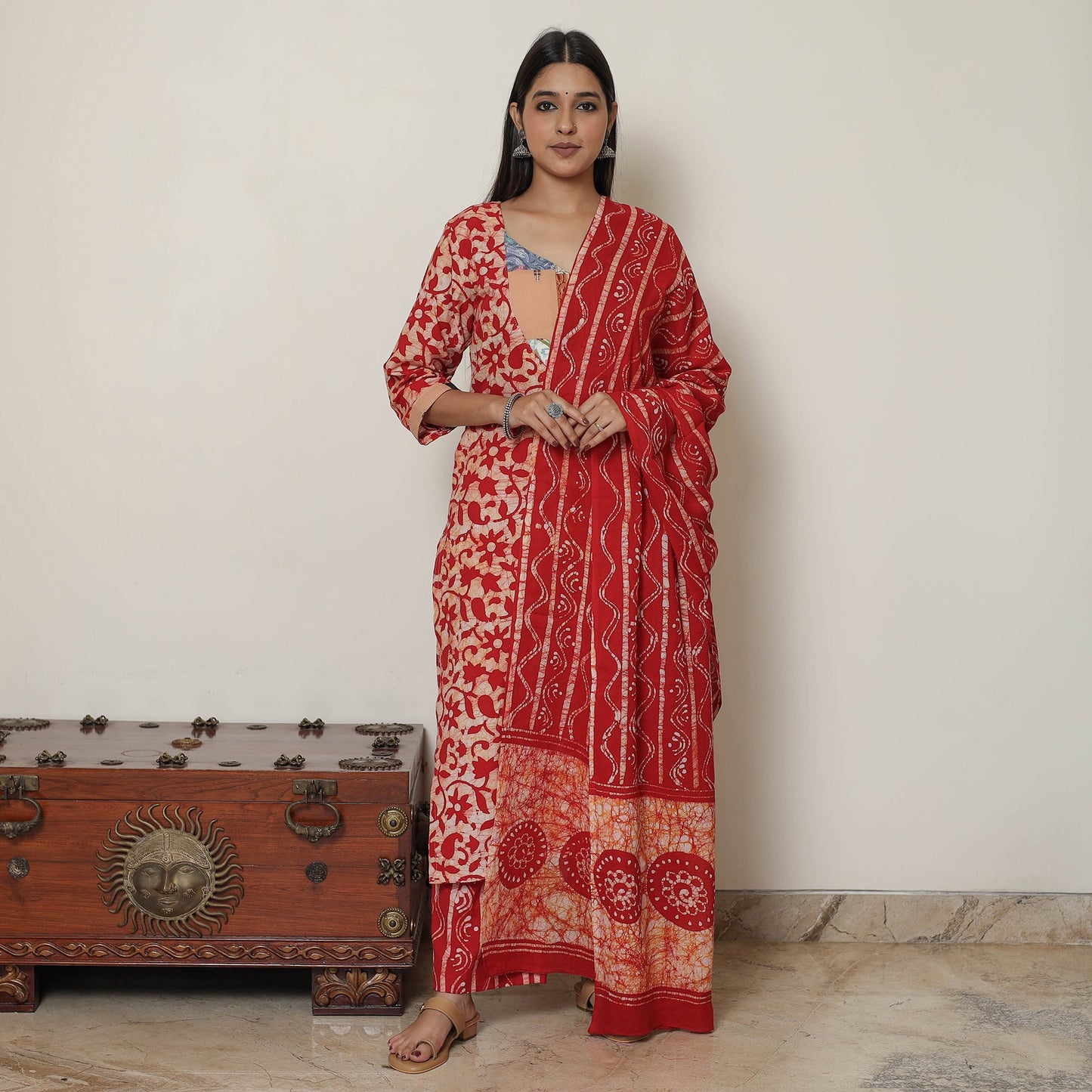 Hand Batik Printed Cotton Kurta with Palazzo & Dupatta Set 01 Online at iTokri.com