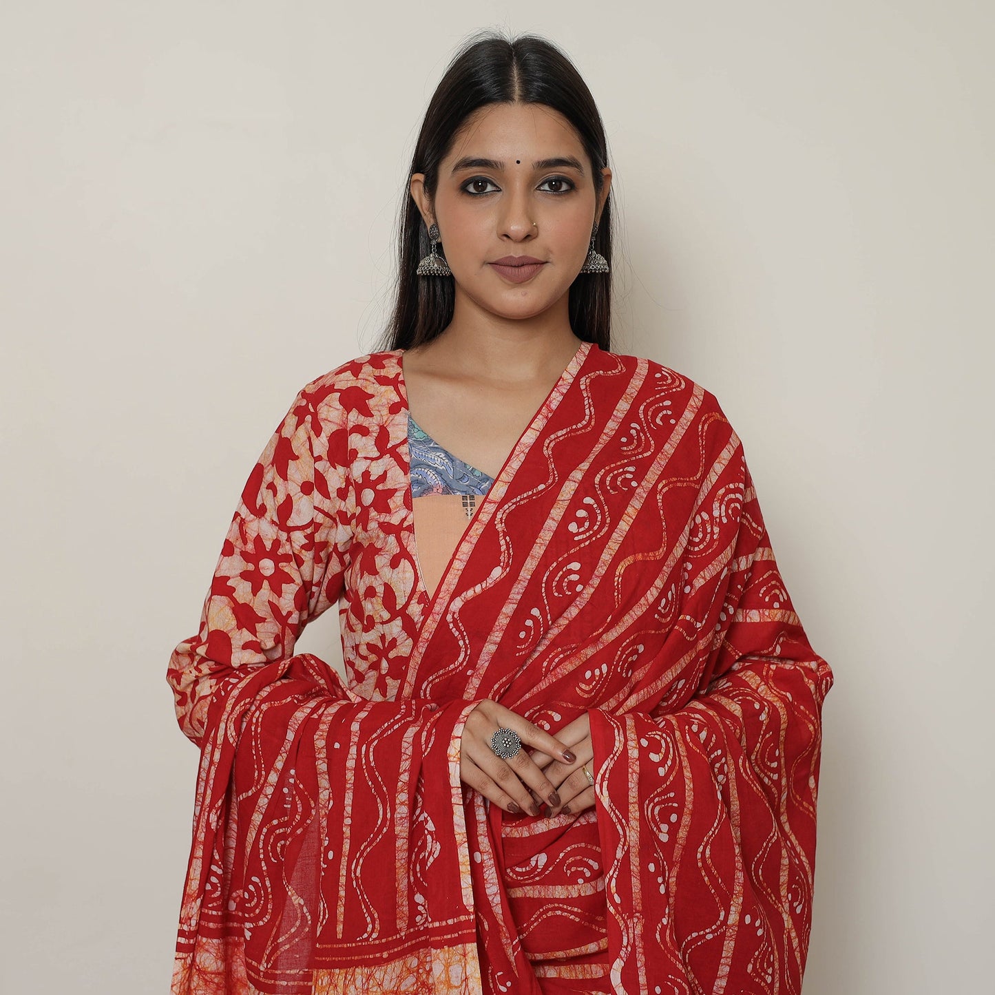 Hand Batik Printed Cotton Kurta with Palazzo & Dupatta Set 01 Online at iTokri.com