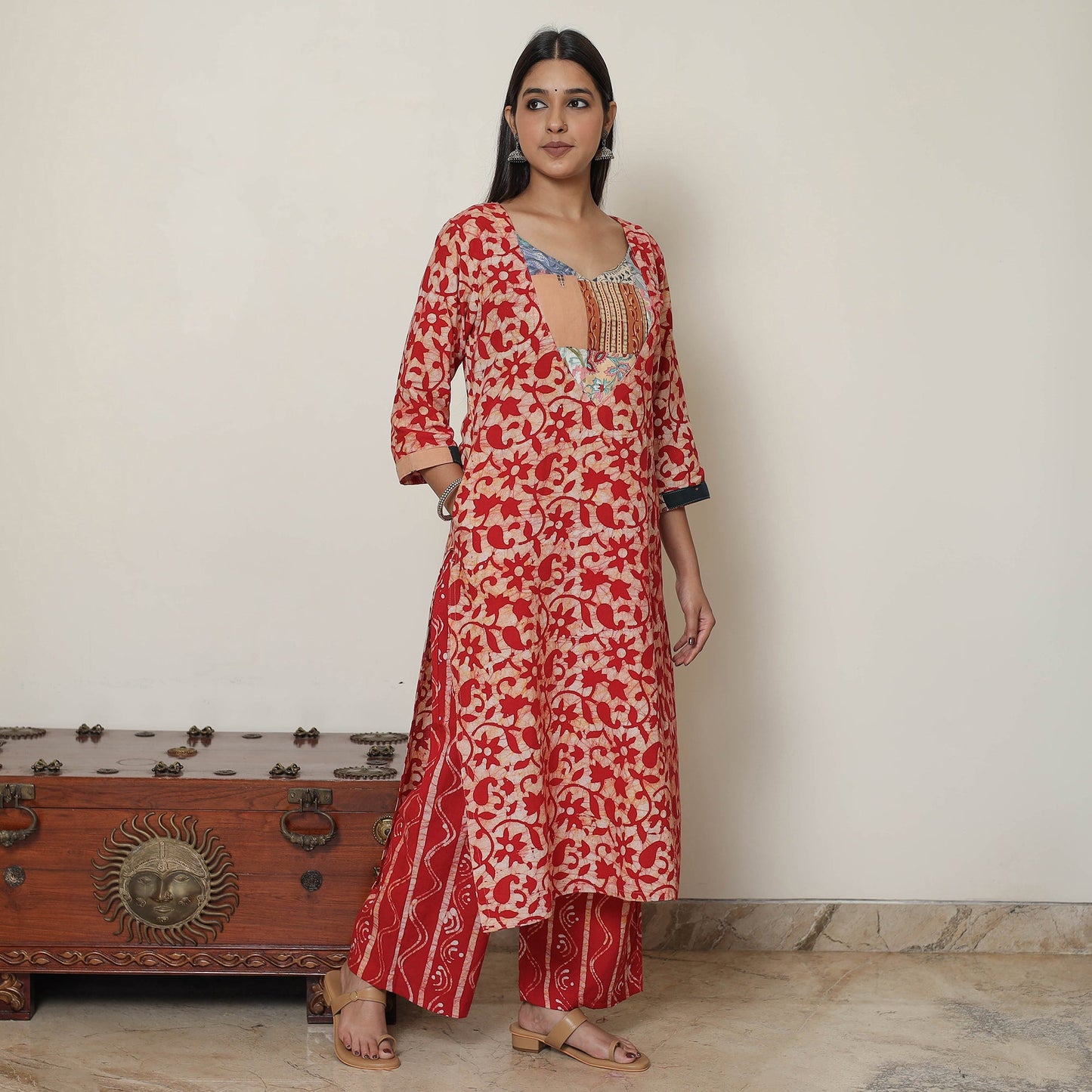 Hand Batik Printed Cotton Kurta with Palazzo & Dupatta Set 01 Online at iTokri.com