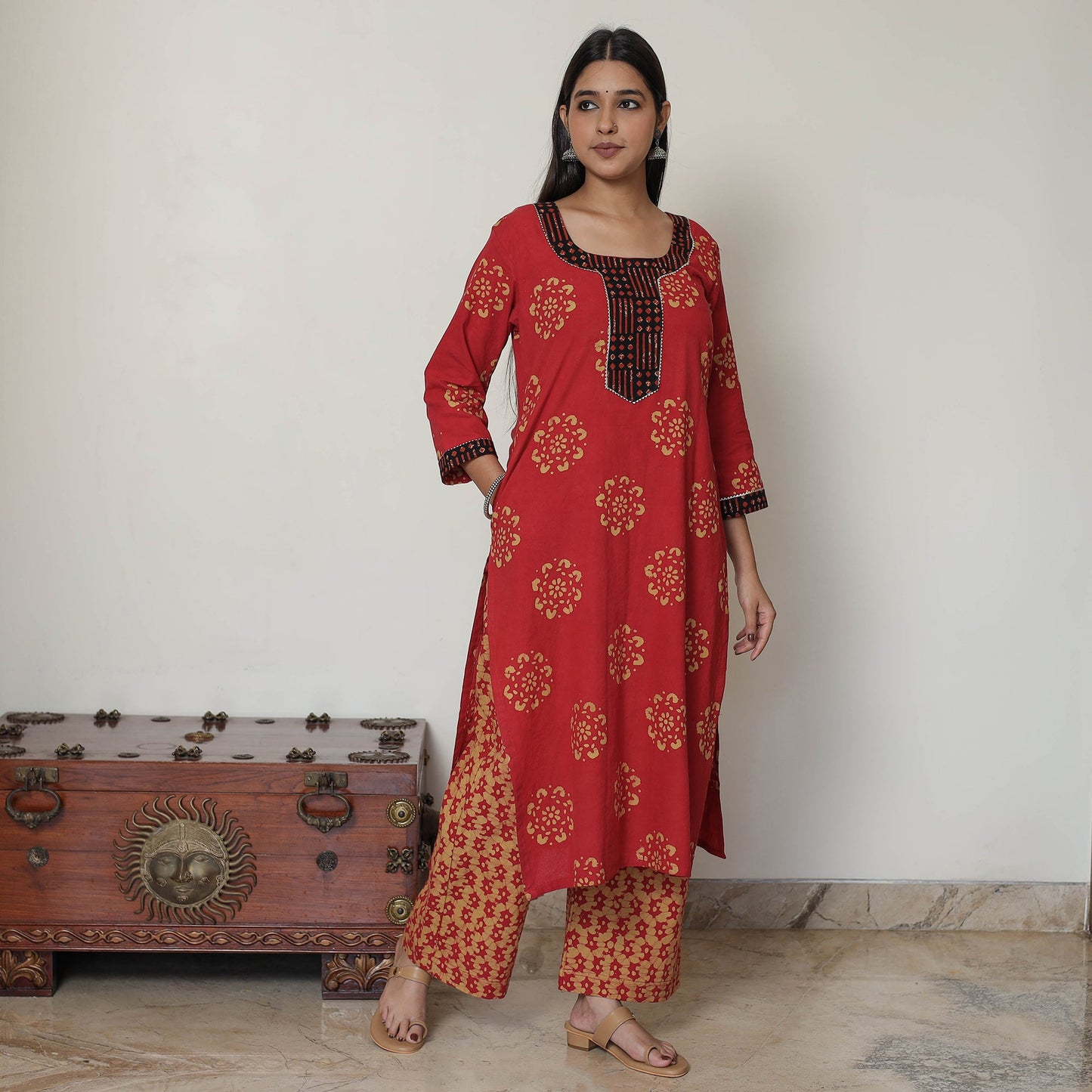 Hand Batik Printed Cotton Kurta with Palazzo & Dupatta Set 07