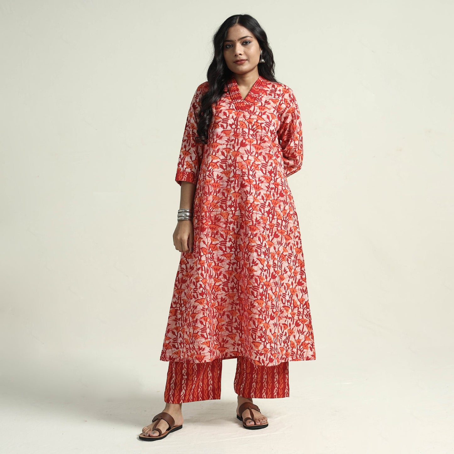 Red - hand batik printed cotton kurta with palazzo &