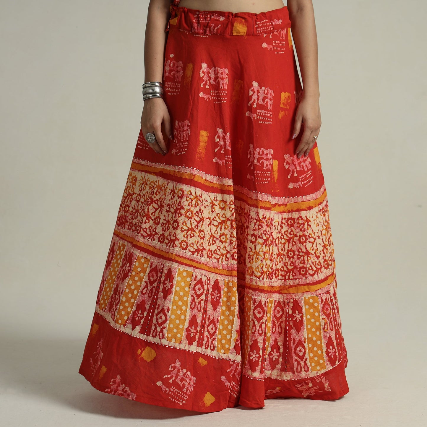 Red Hand Batik Printed Running Stitch Cotton Long Skirt