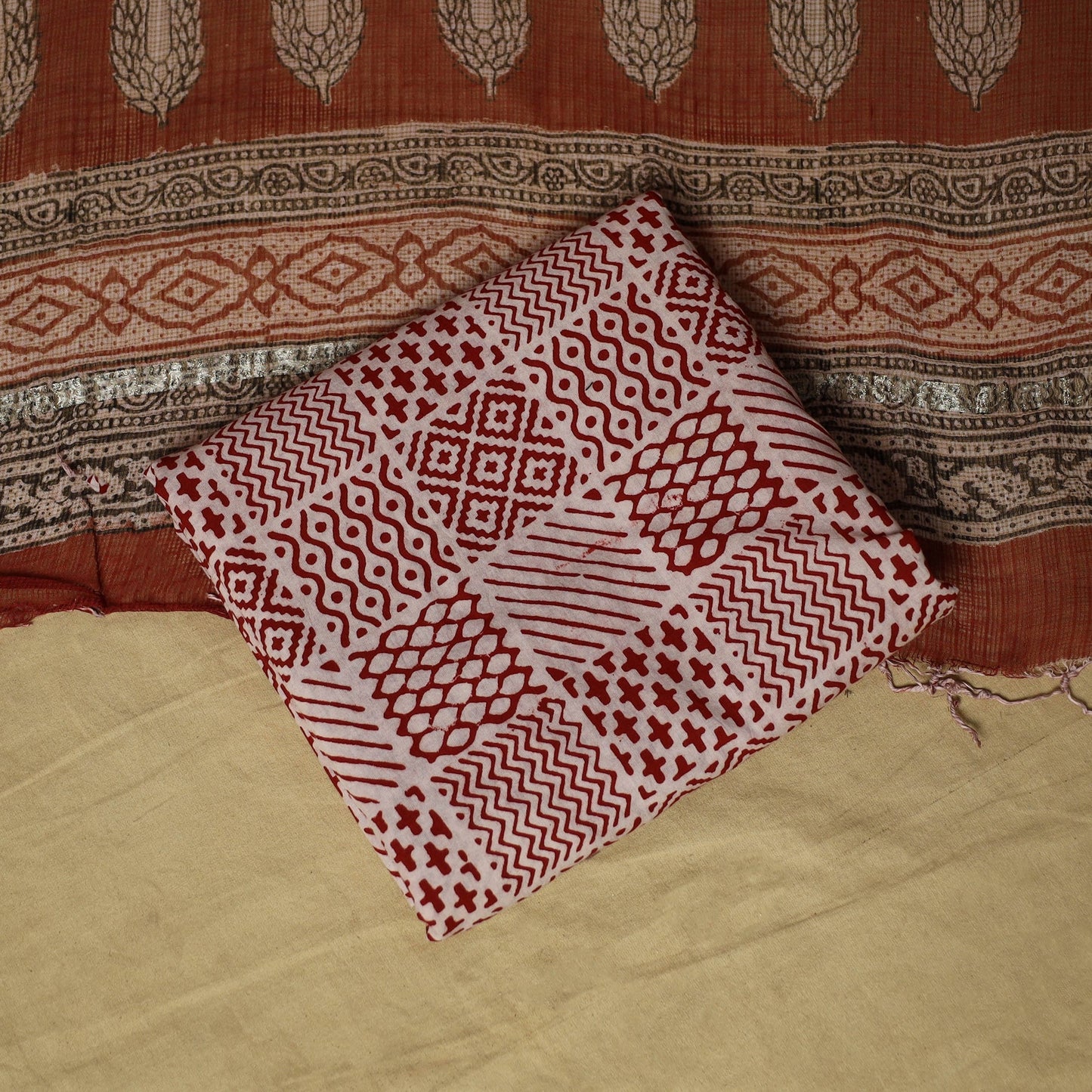 Hand block bagh print cotton 3pc unstitched dress material