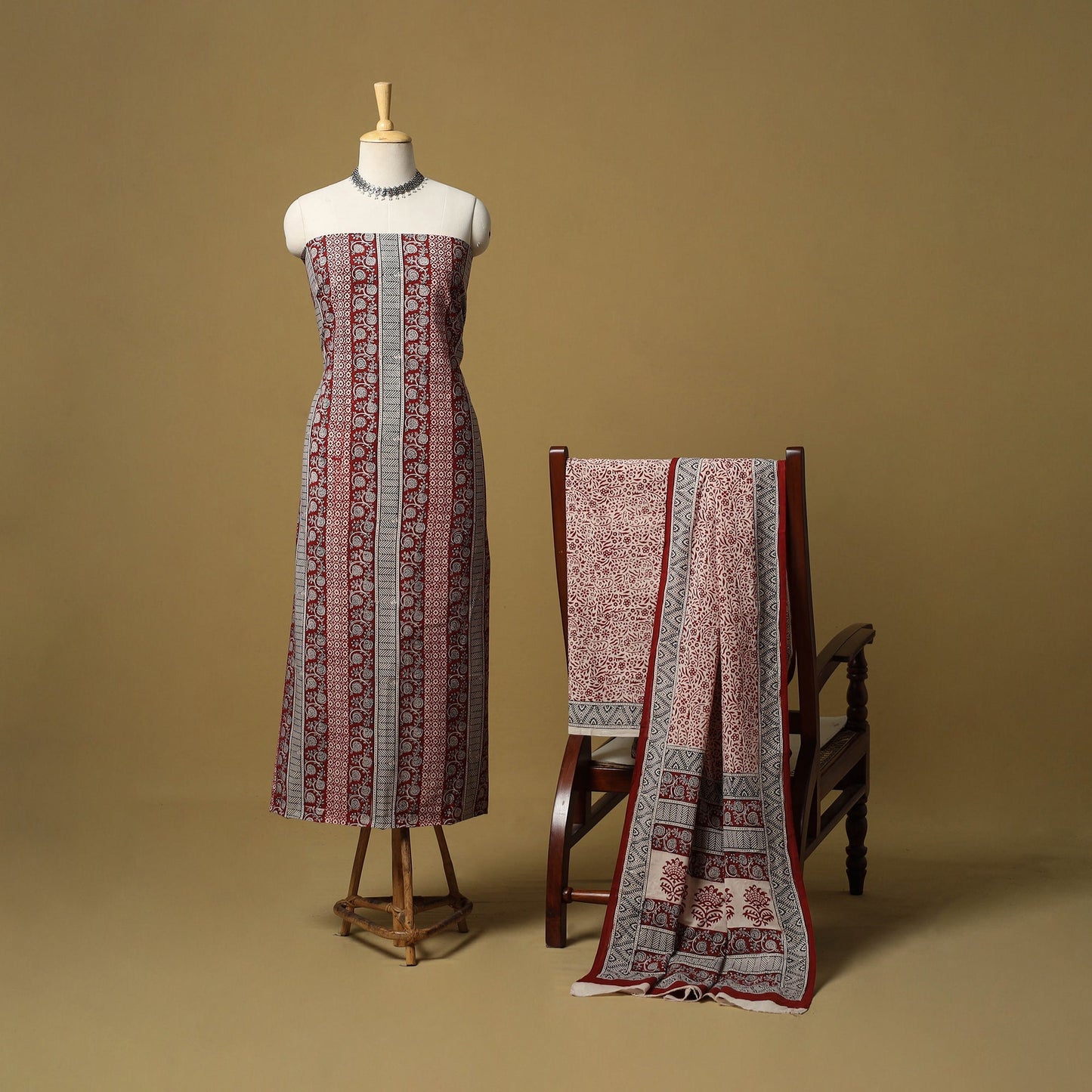 Red - hand bagh natural dyed cotton 3pc unstitched dress