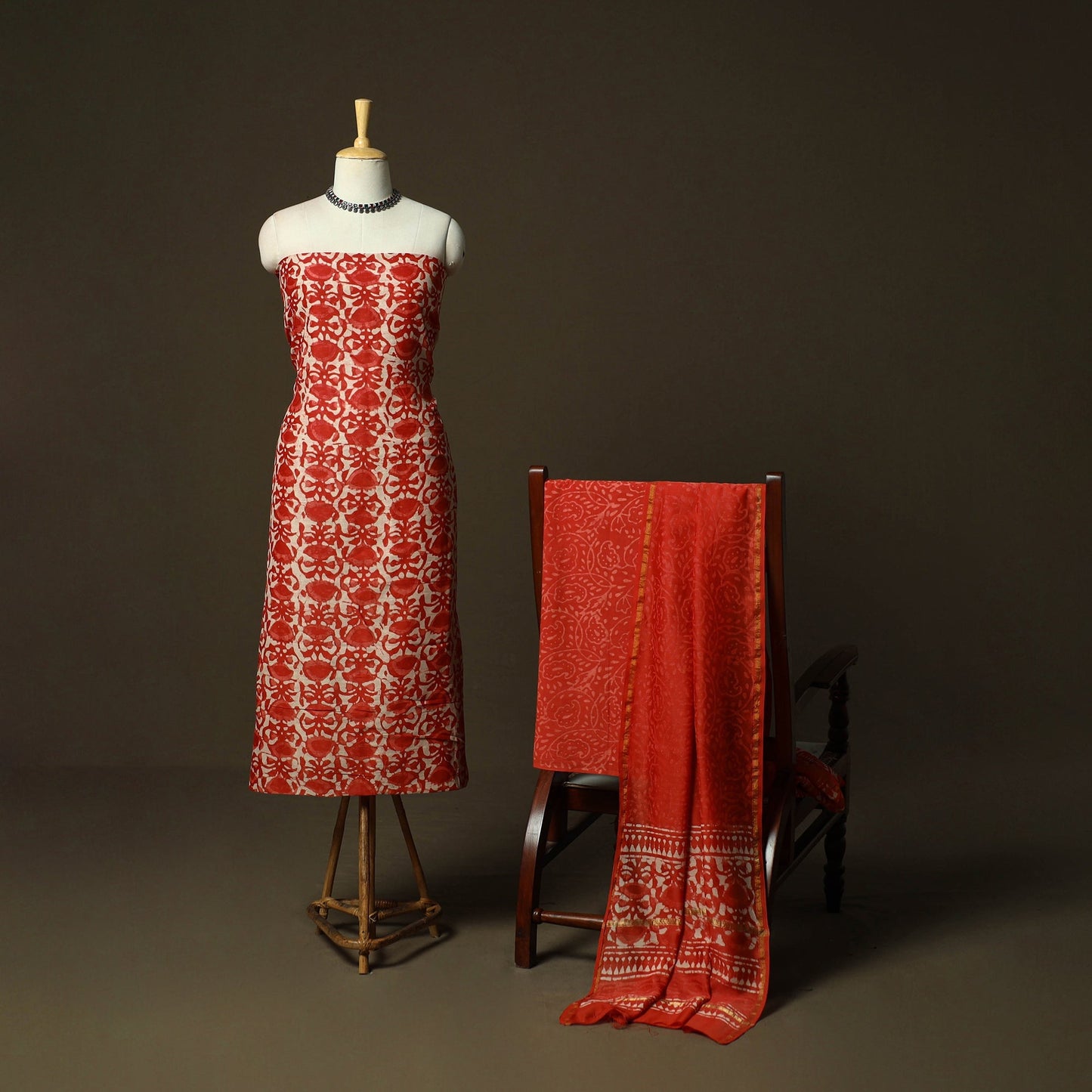 Hand block batik print chanderi silk 3pc unstitched dress