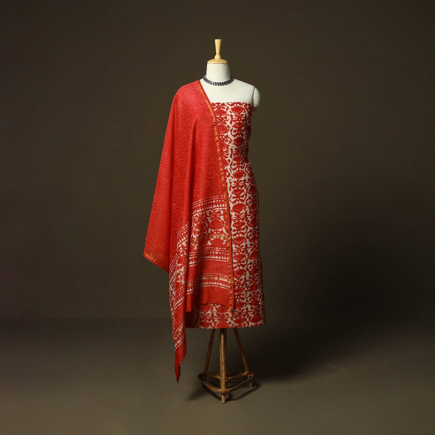 Hand block batik print chanderi silk 3pc unstitched dress